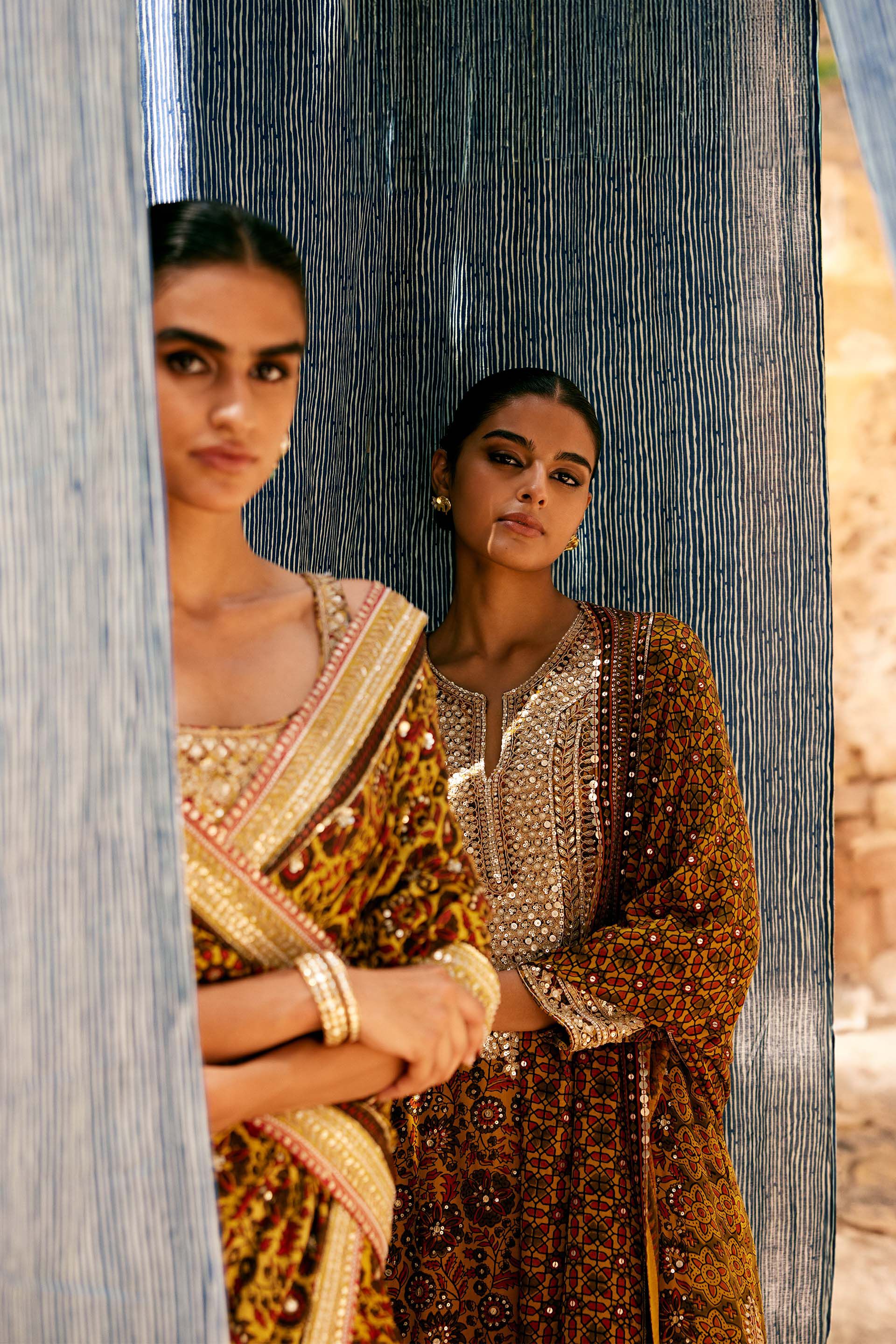 Kasano Ajrakh Hand-block Printed Silk Suit Set - Mustard, Mustard, image 3