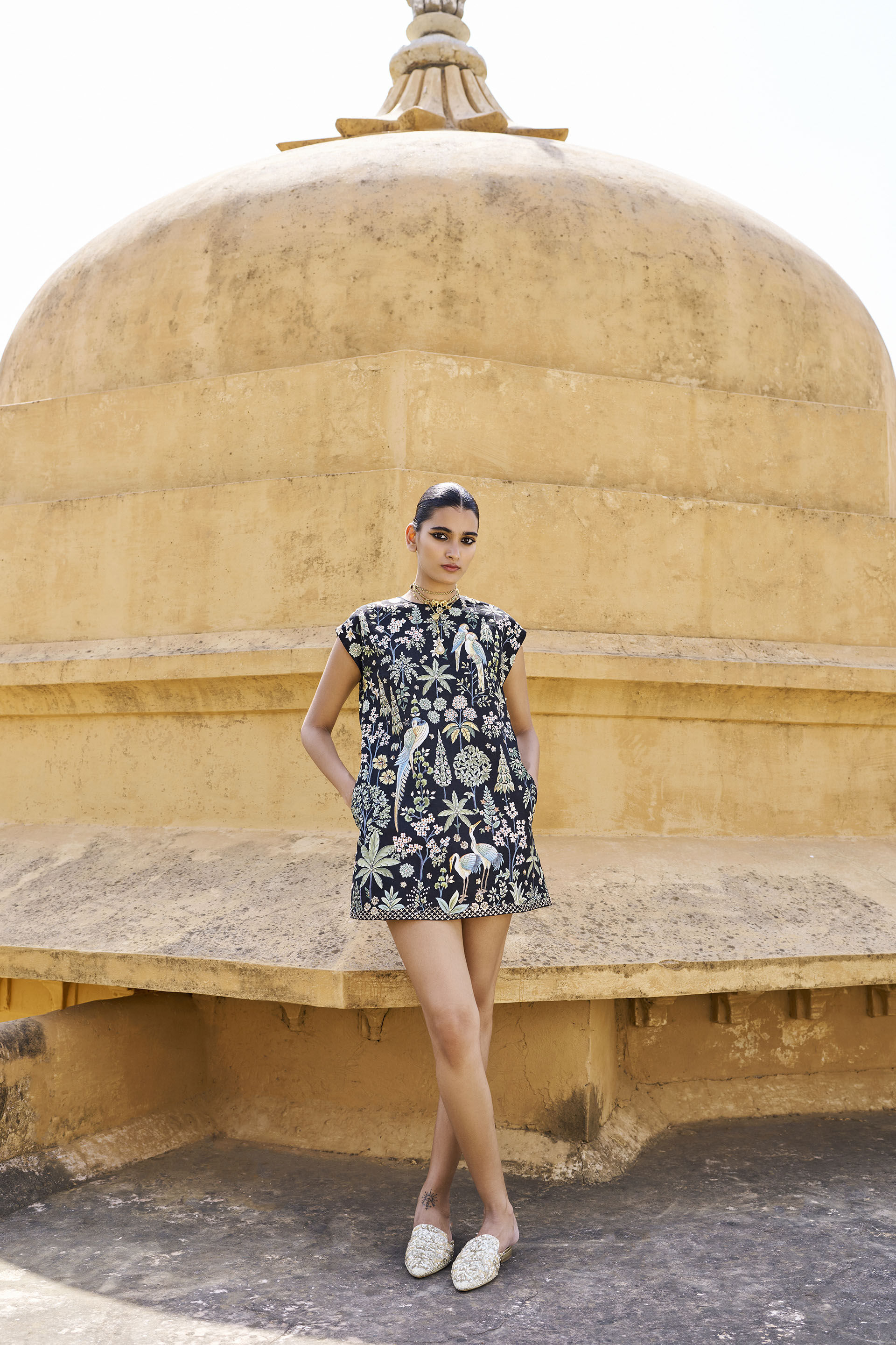 Symphony Of Songbirds Hand-painted Pichhwai Silk Dress - Black