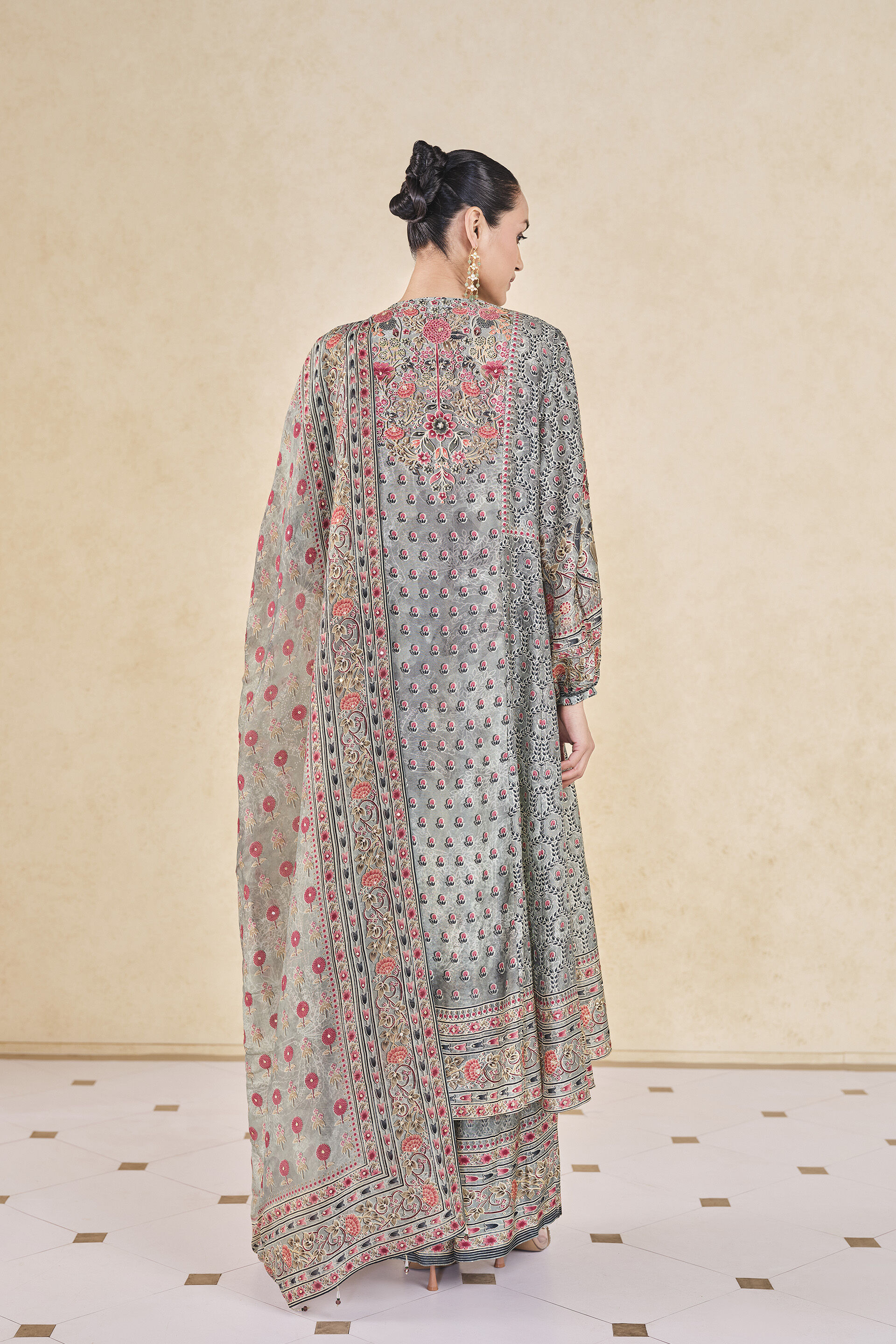 Demoiselle Printed Sequin Silk Suit Set - Sage