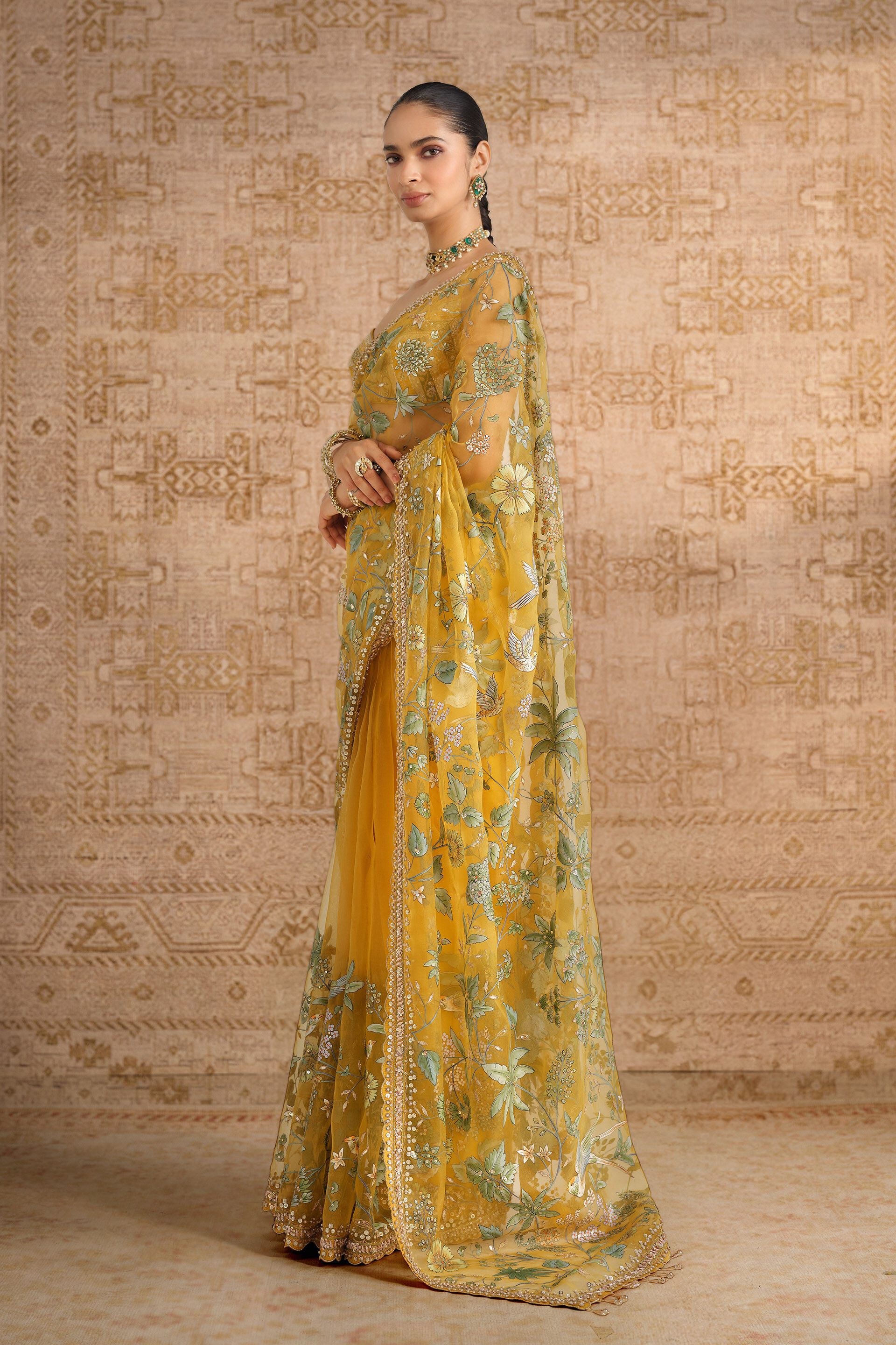 Nisarga Hand-painted Pichhwai Silk Saree - Mustard, Mustard, image 3