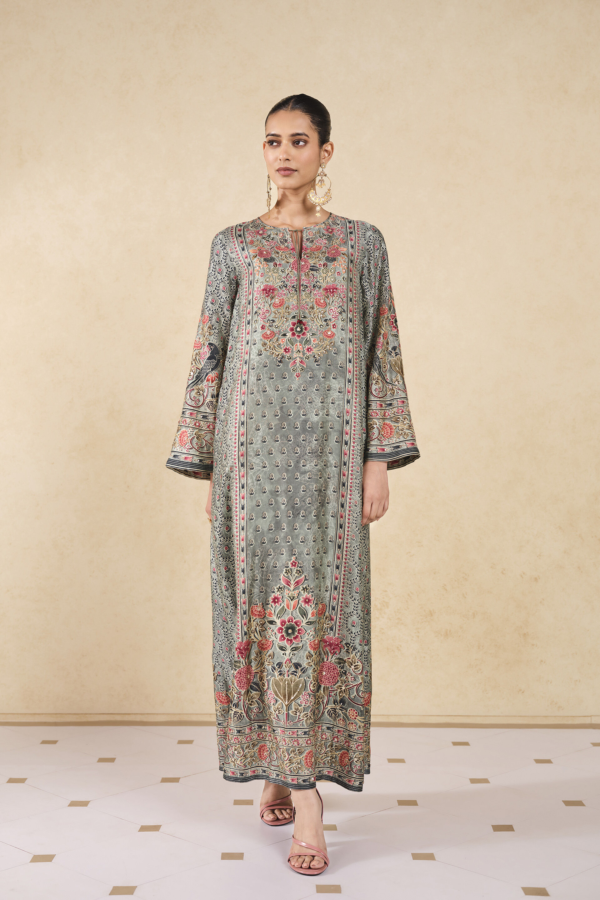 Sahra Printed Silk Kaftan - Sage