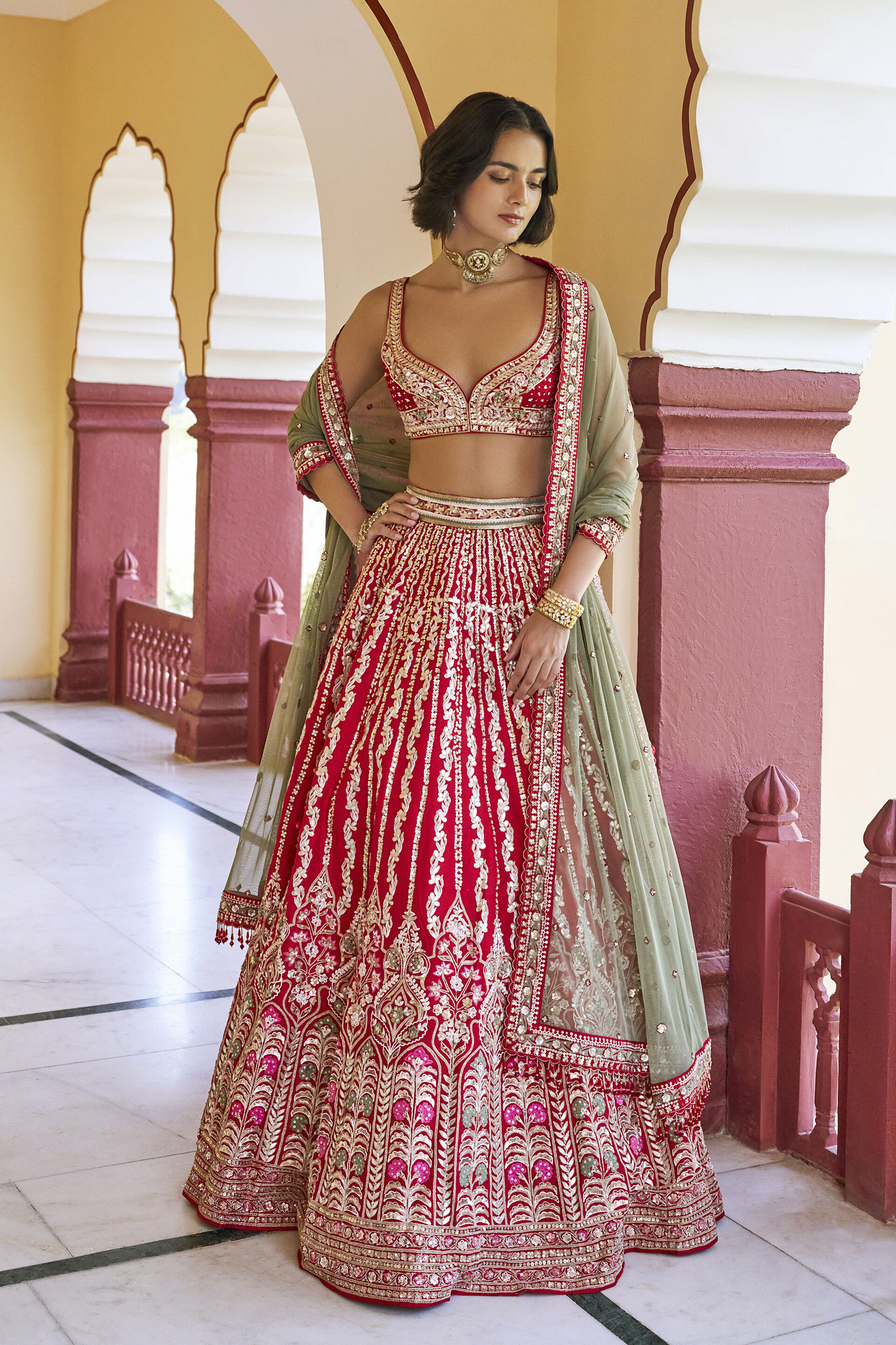Kindness Embroidered Zardozi Silk Lehenga Set - ​Red, Red, image 1