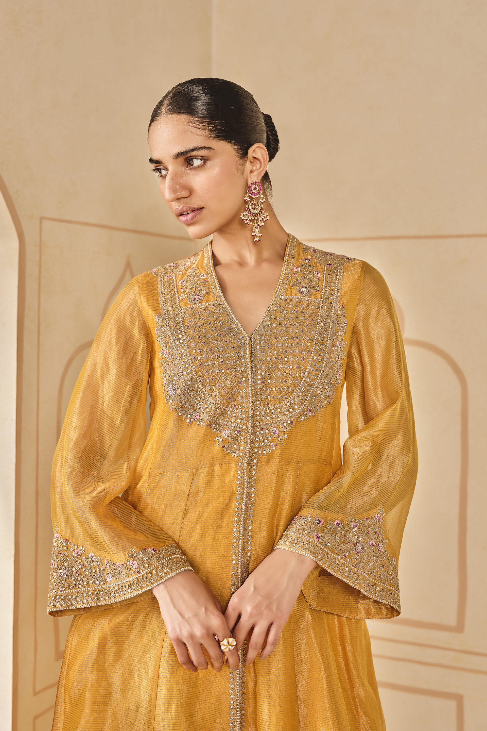 Azha Embroidered Zardozi Silk Jacket Set - Yellow, Yellow, image 6