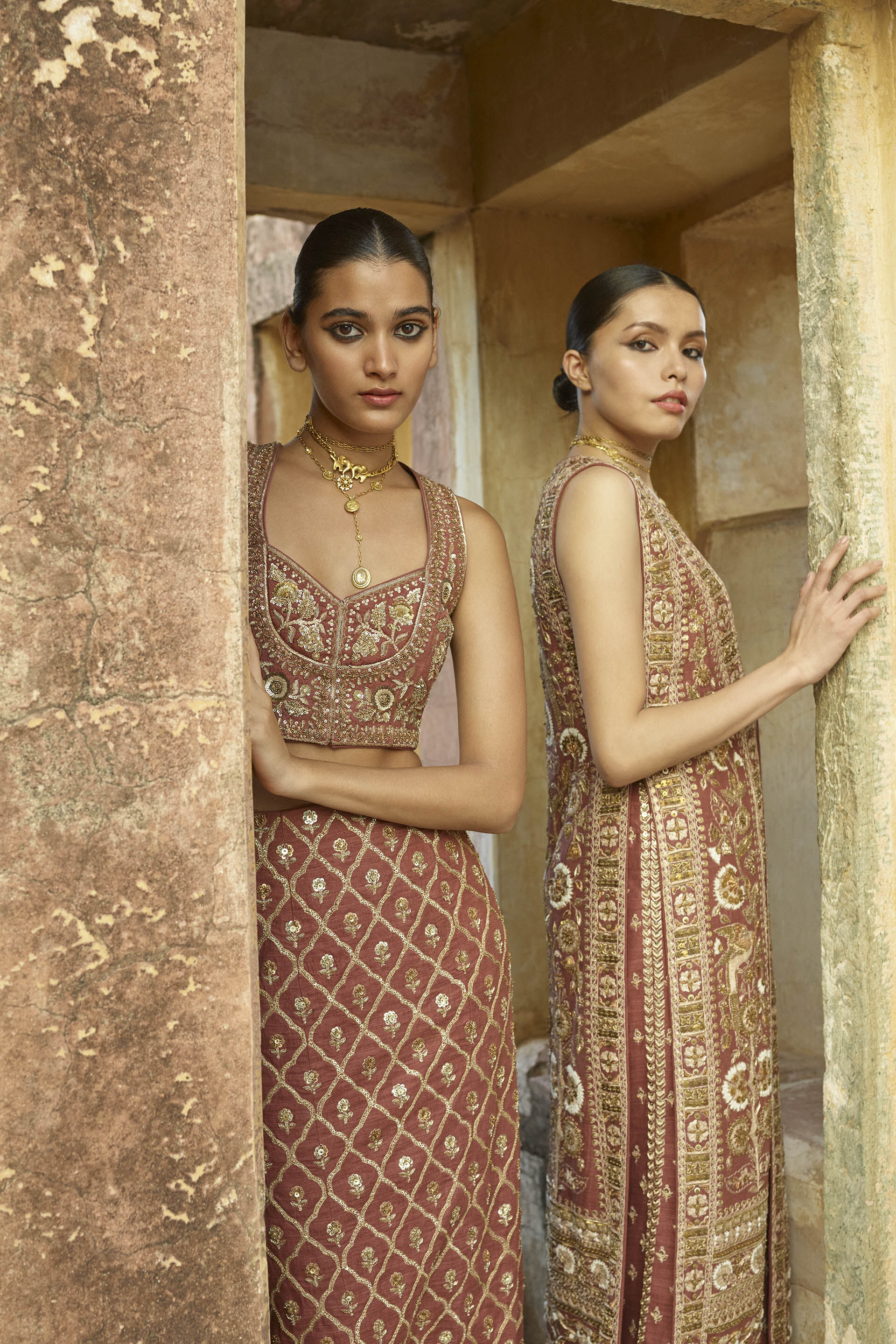 Ballad Of The Woods Embroidered Zardozi Silk Skirt Set - Brown, Brown, image 5