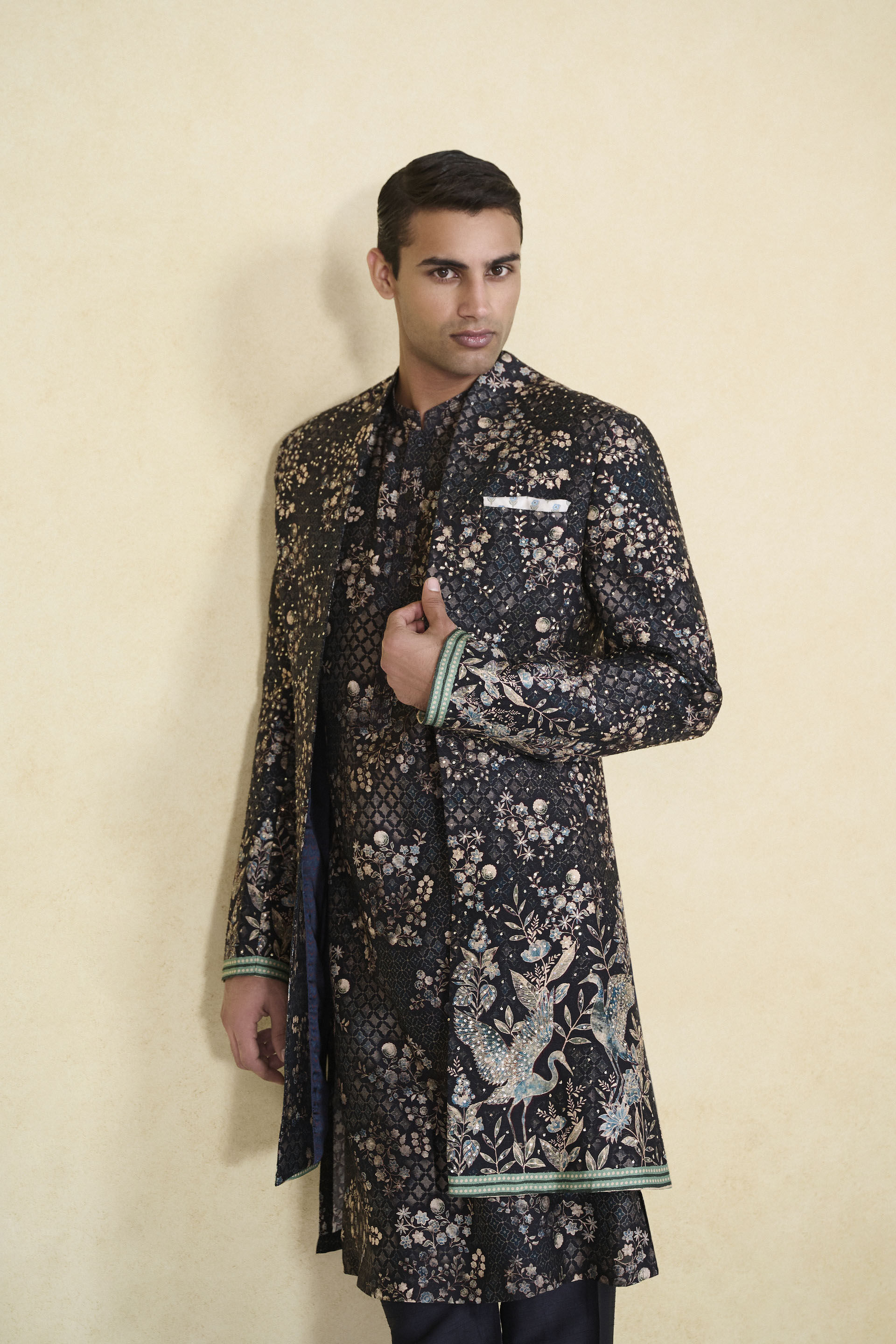 Rukham Printed Silk Sherwani - Black, Black, image 8