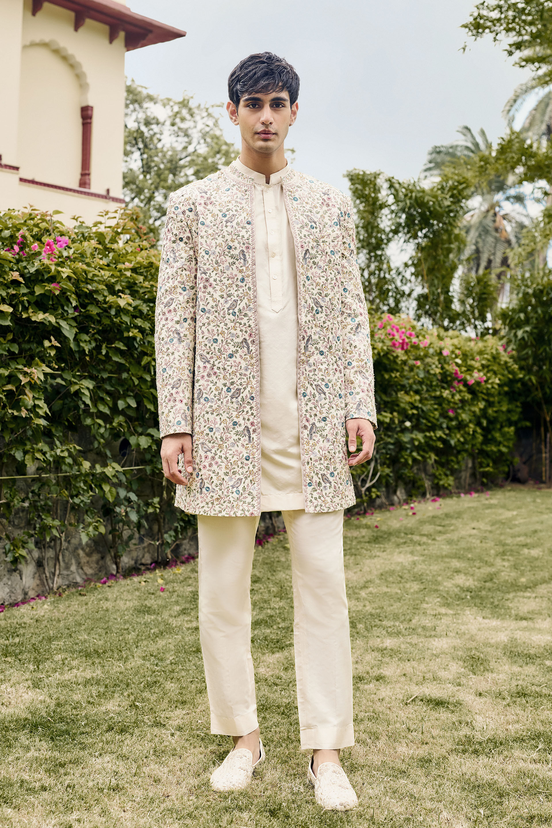 Avir Aari Embroidered Silk Sherwani - Cream