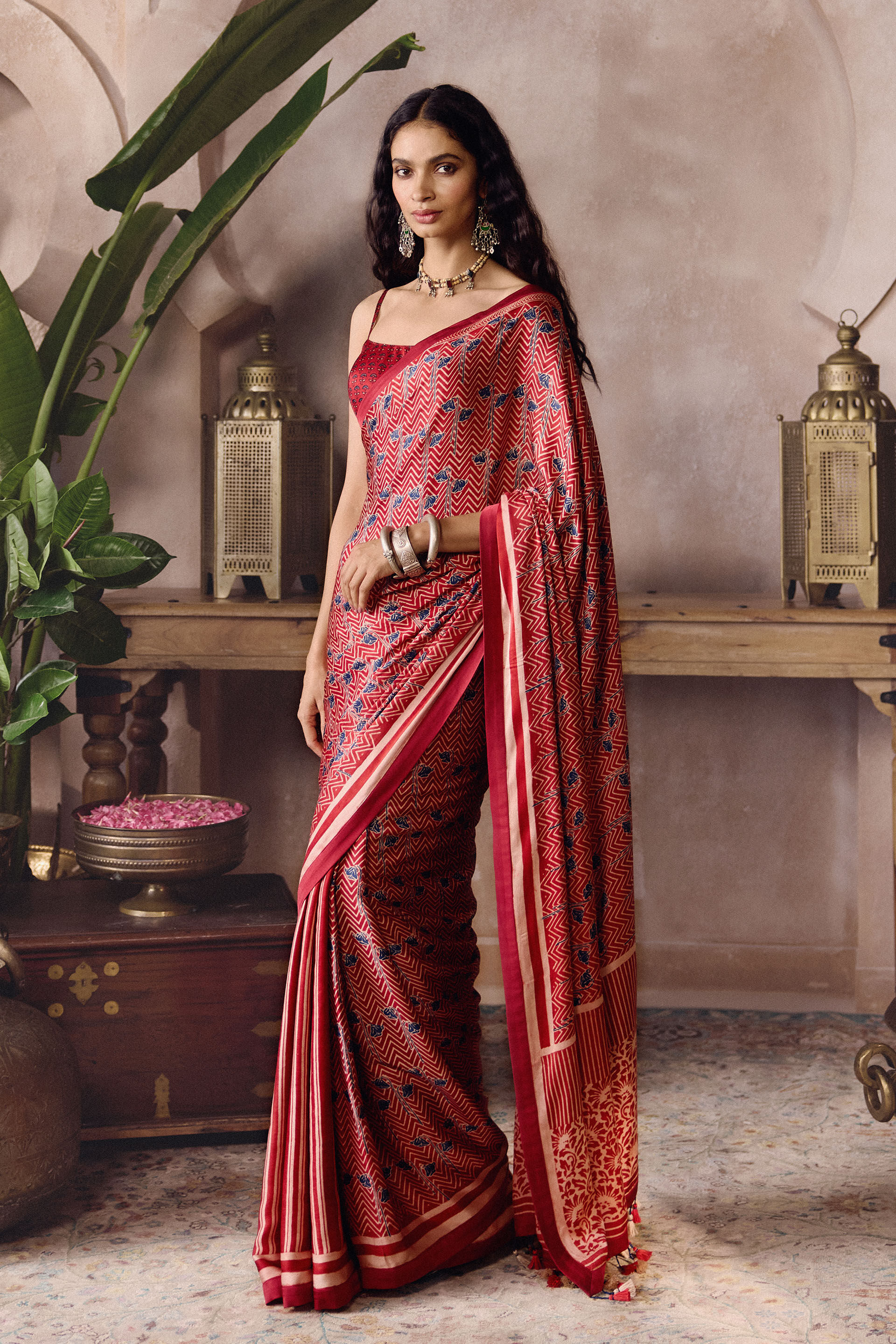 Fiann Ajrakh Hand-block Printed Saree - Red, Red, image 3