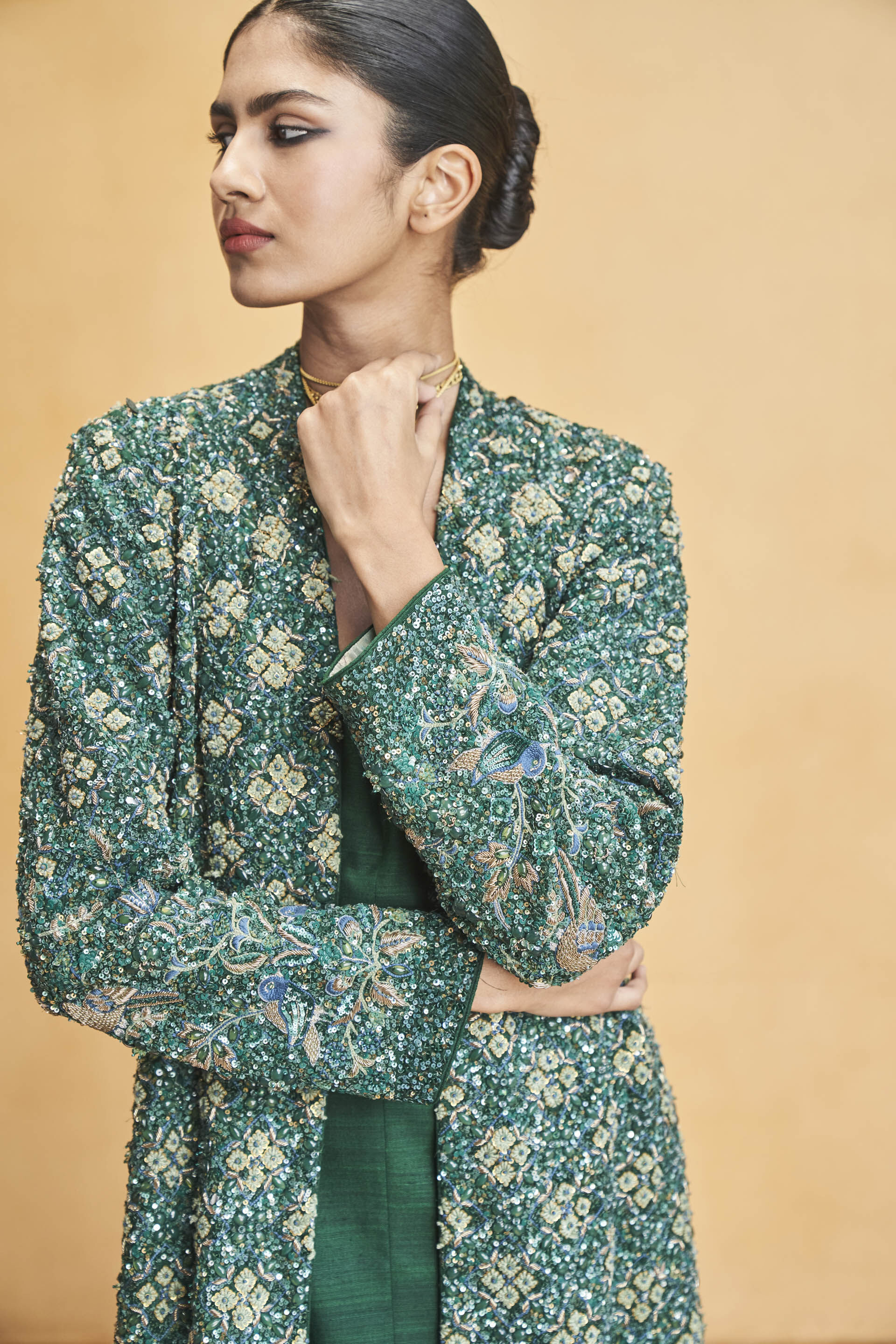 Deep Into The Wild Embroidered Zardozi Silk Jacket Set - Green, Green, image 8