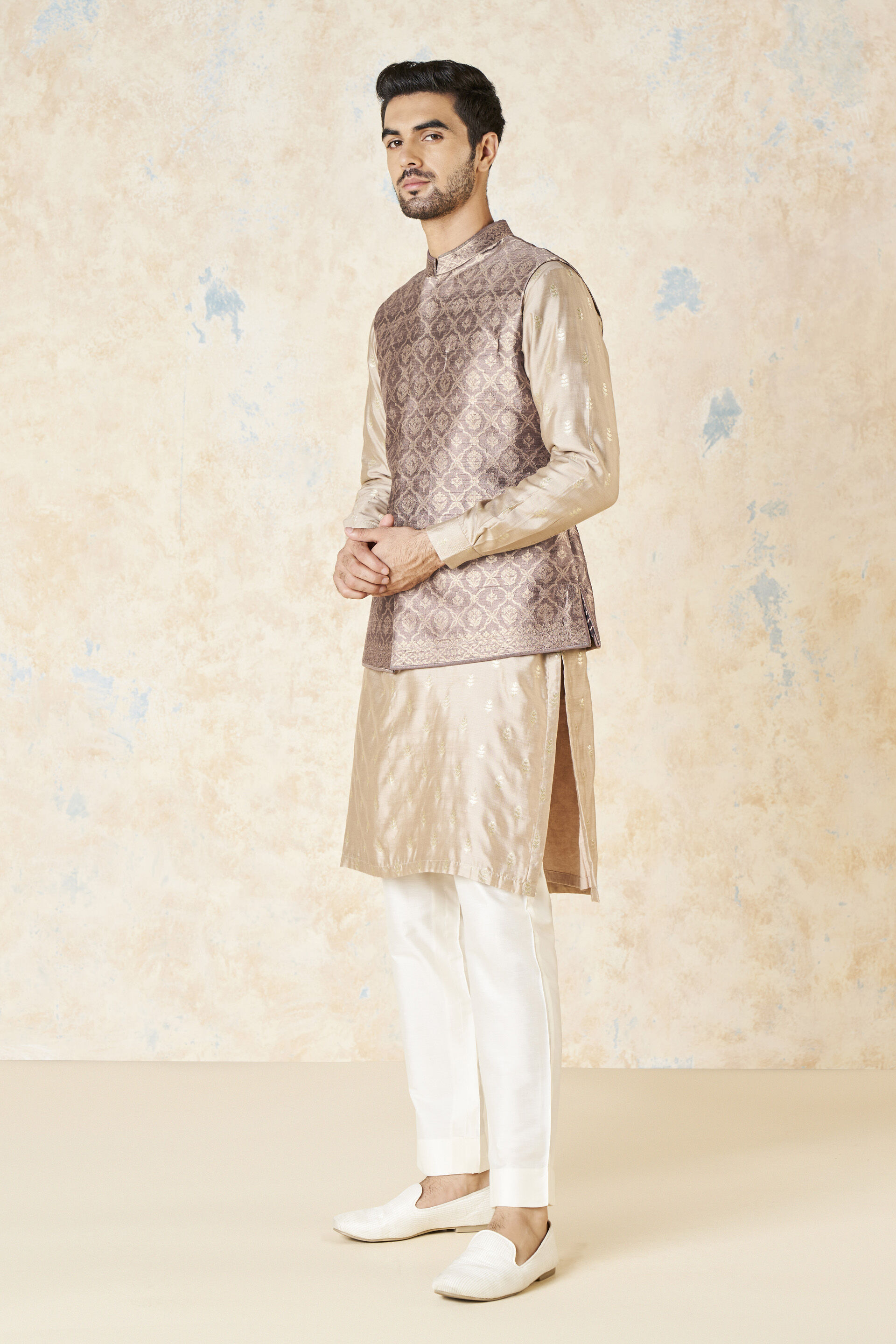 Unman Benarasi Silk Nehru Jacket - Gold, Gold, image 2