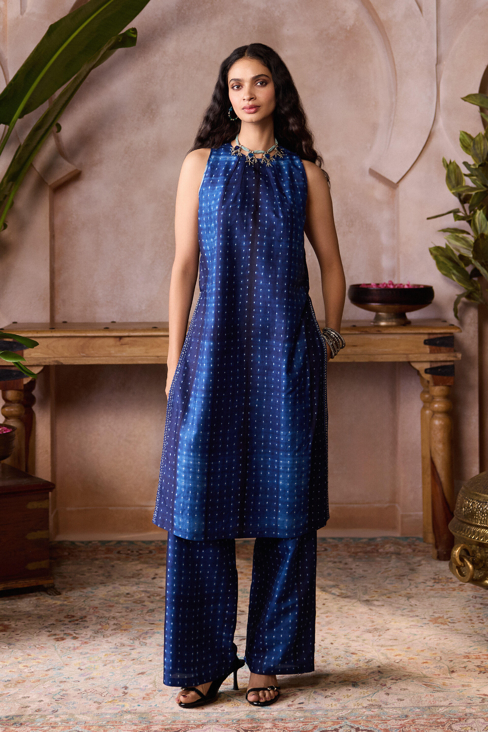 Feugo Handcrafted Shibori Silk Co-ord - Indigo Blue
