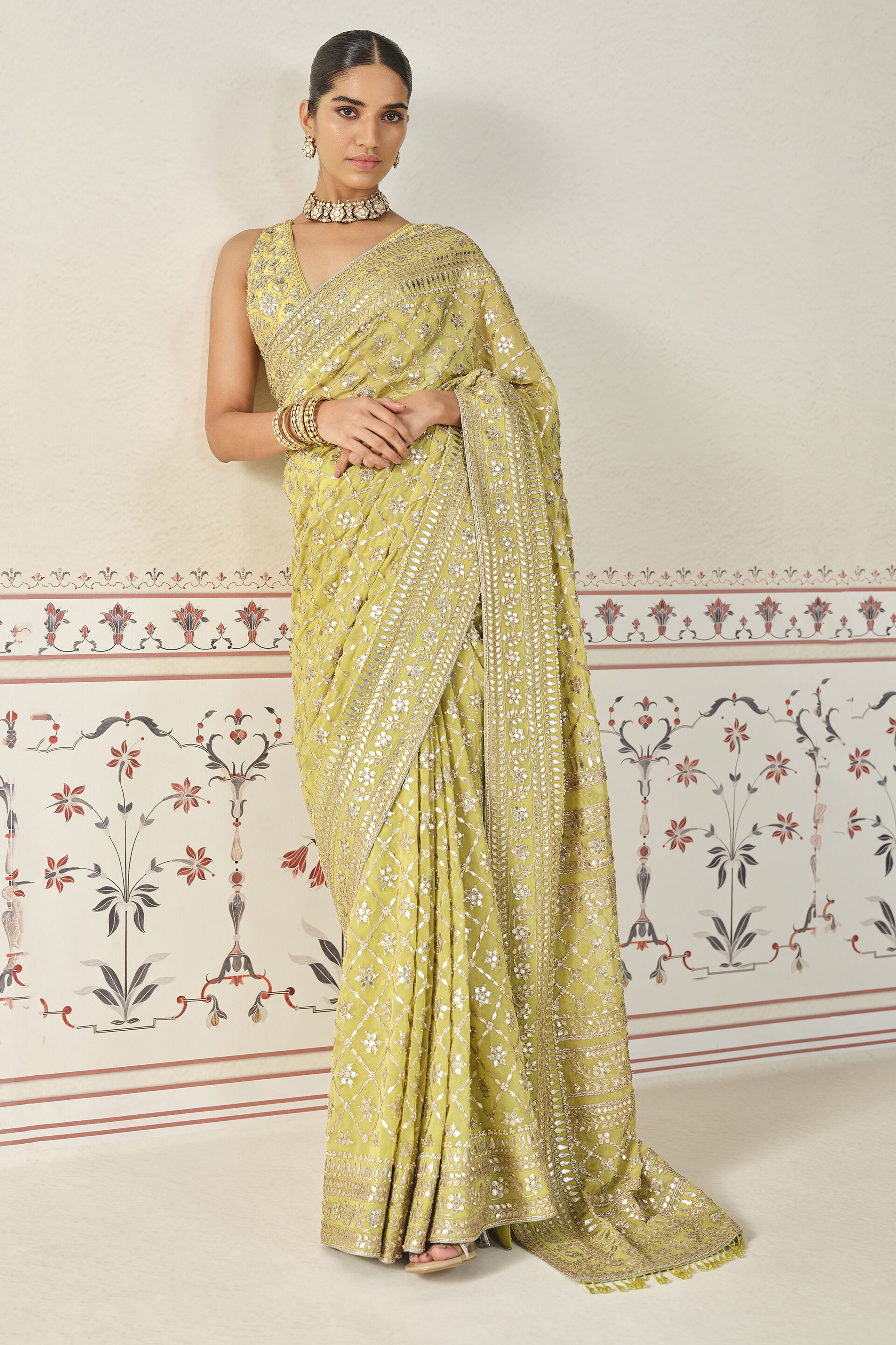 Tajanae Gota Patti Saree - Lime, Lime, image 3