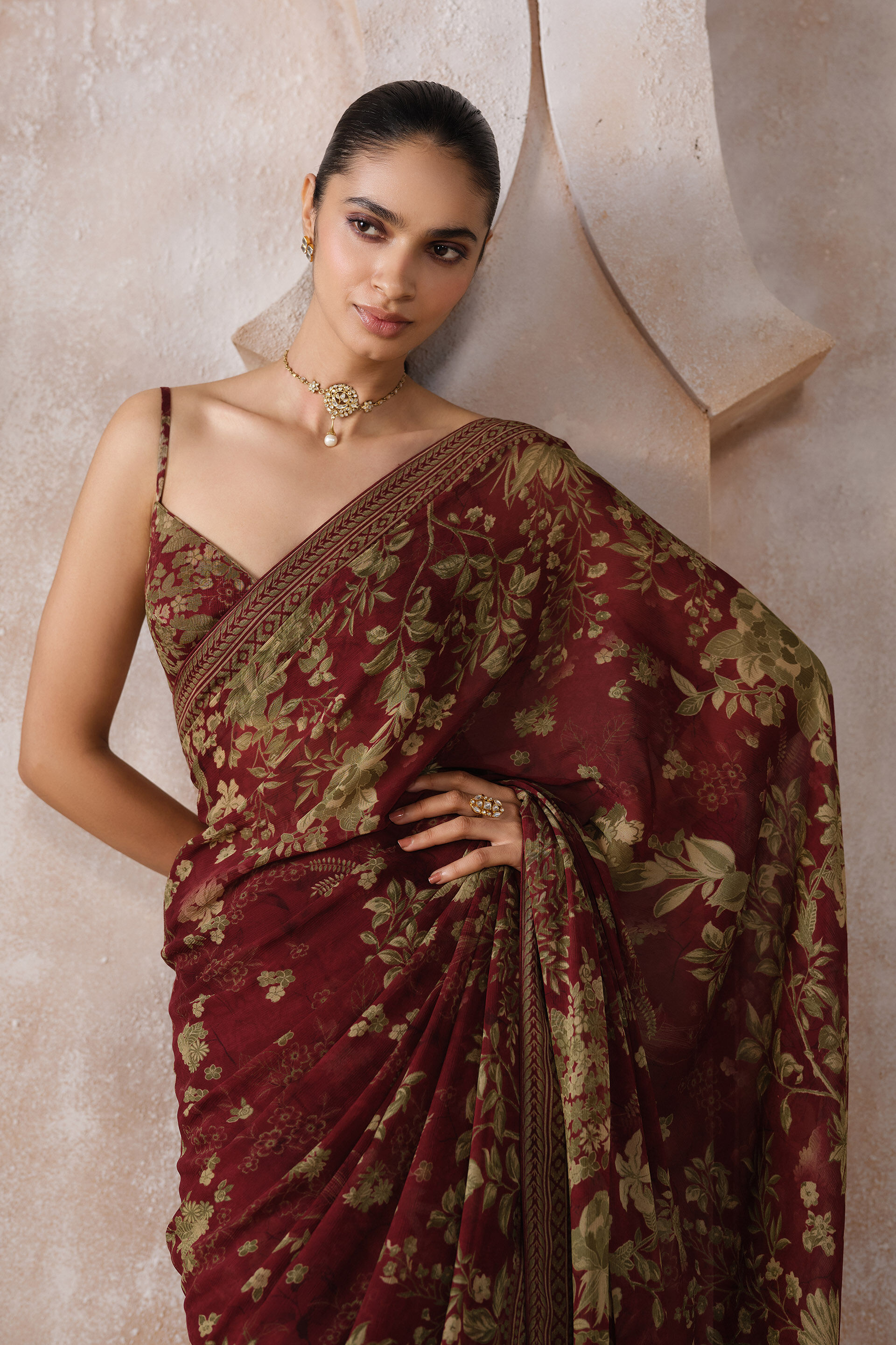 Amapola Chiffon Saree - Wine, Wine, image 4