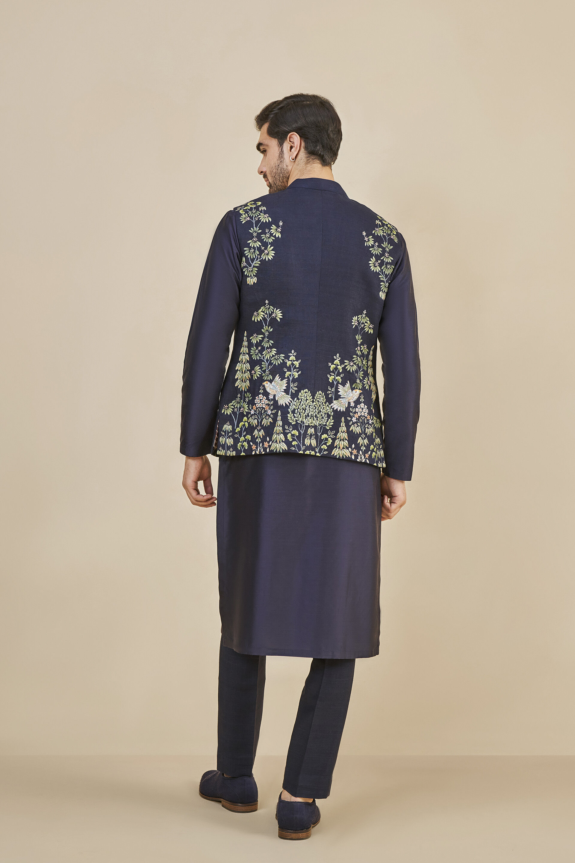 Nikunj Hand-painted Pichhwai Silk Nehru Jacket - Navy, Navy, image 3