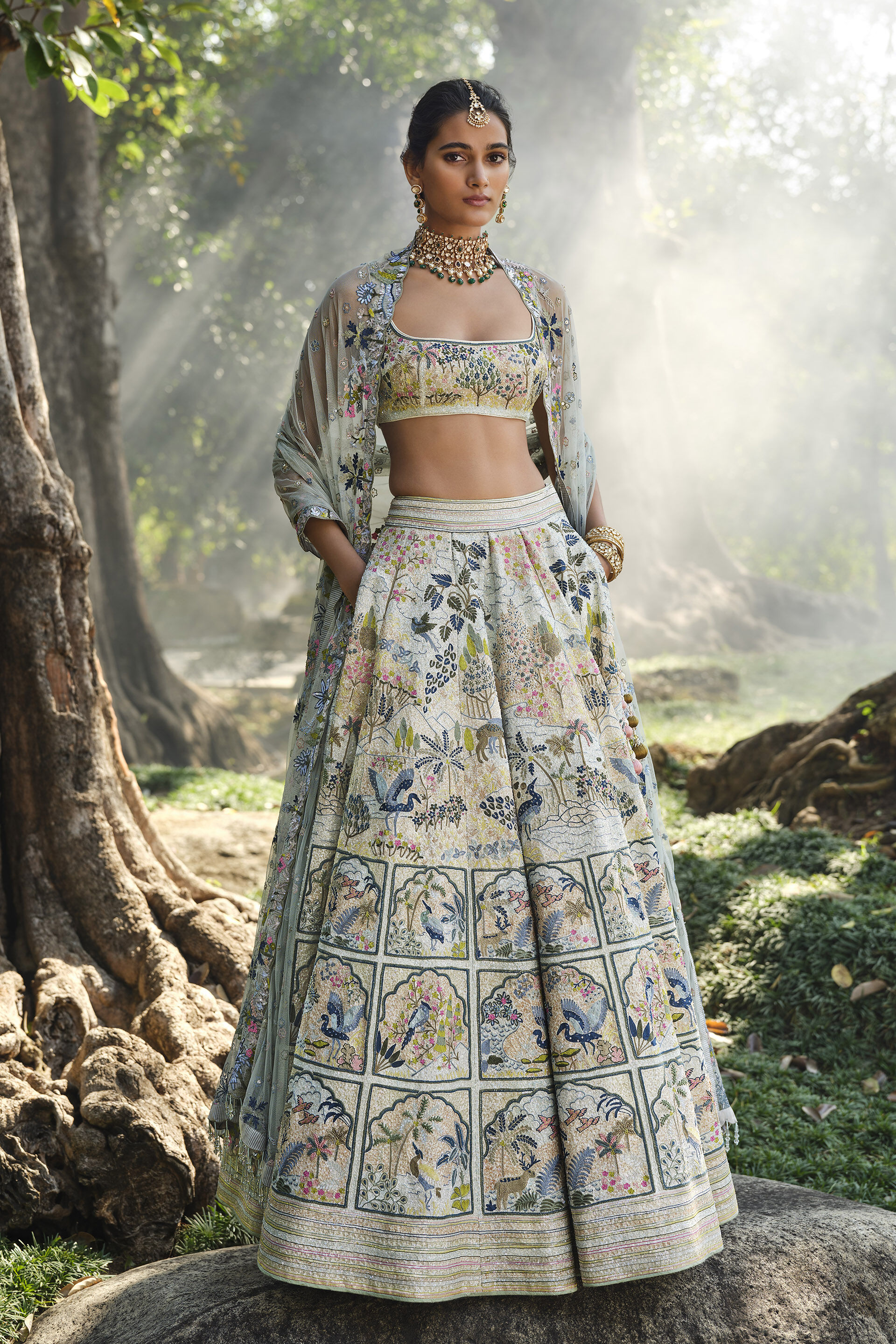 Woodelia Embroidered Silk Lehenga Set - Natural, Natural, image 1