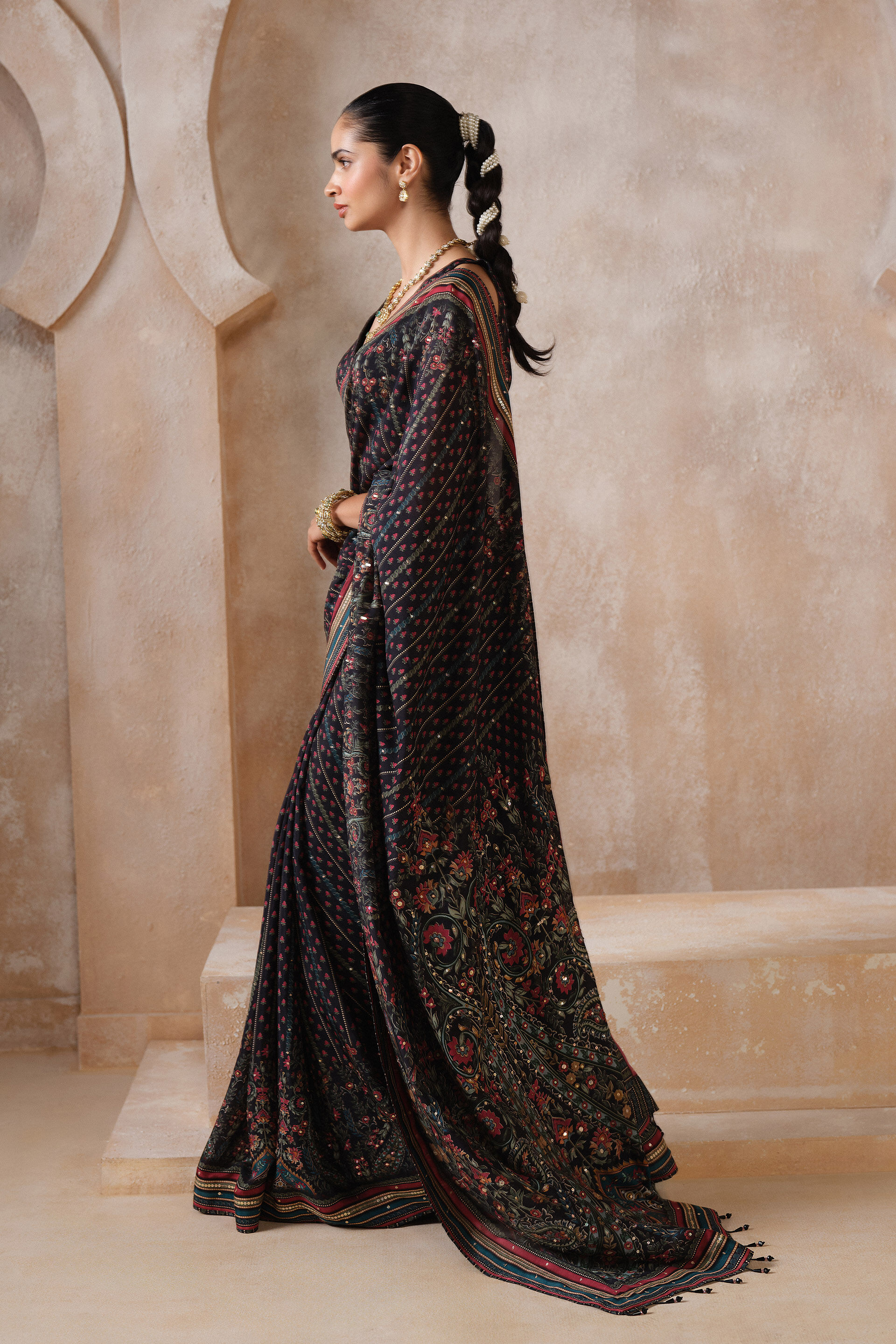 Somara Sequin Chiffon Saree - Black, Black, image 3