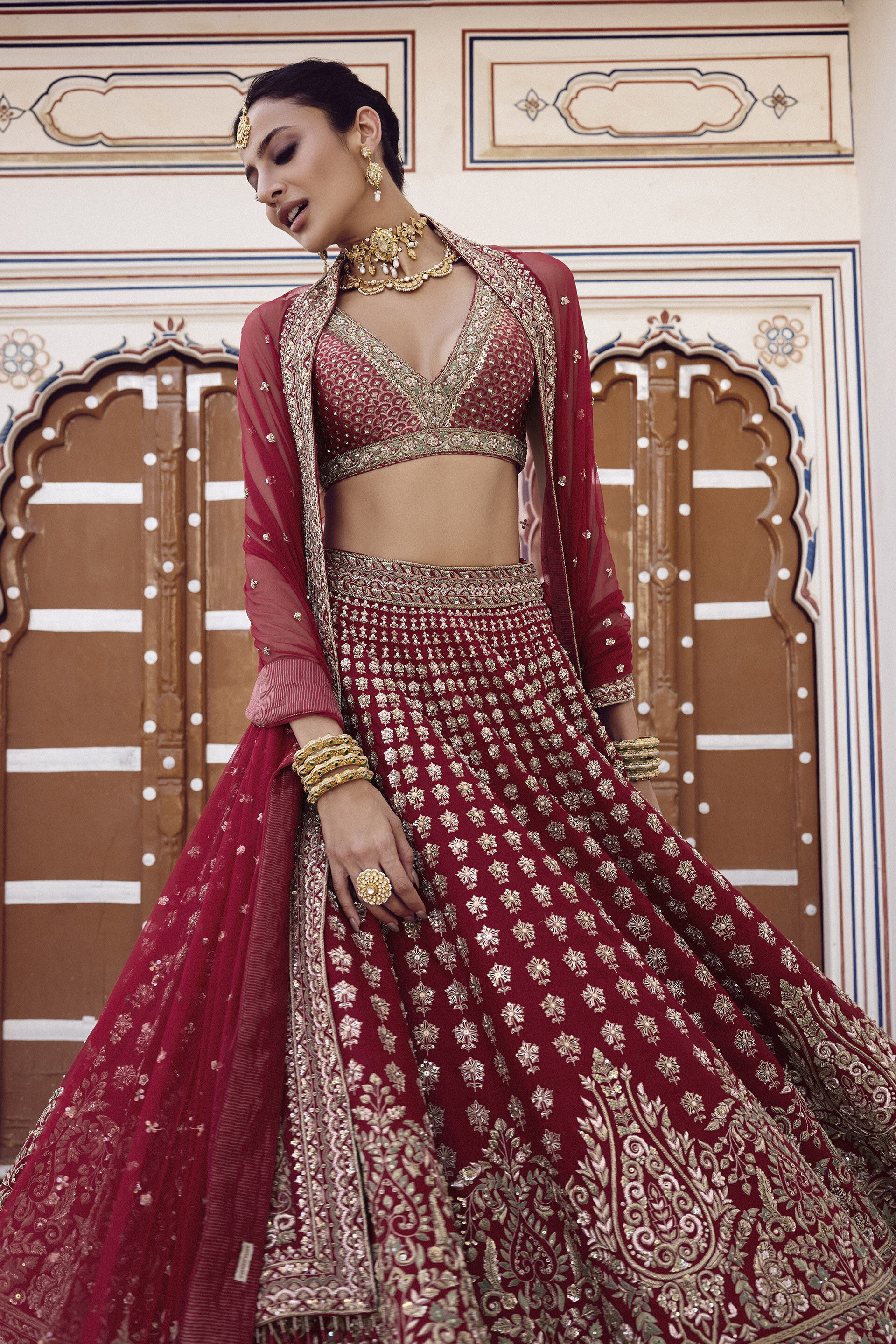 Zamira Embroidered Silk Lehenga Set - Red, Red, image 6