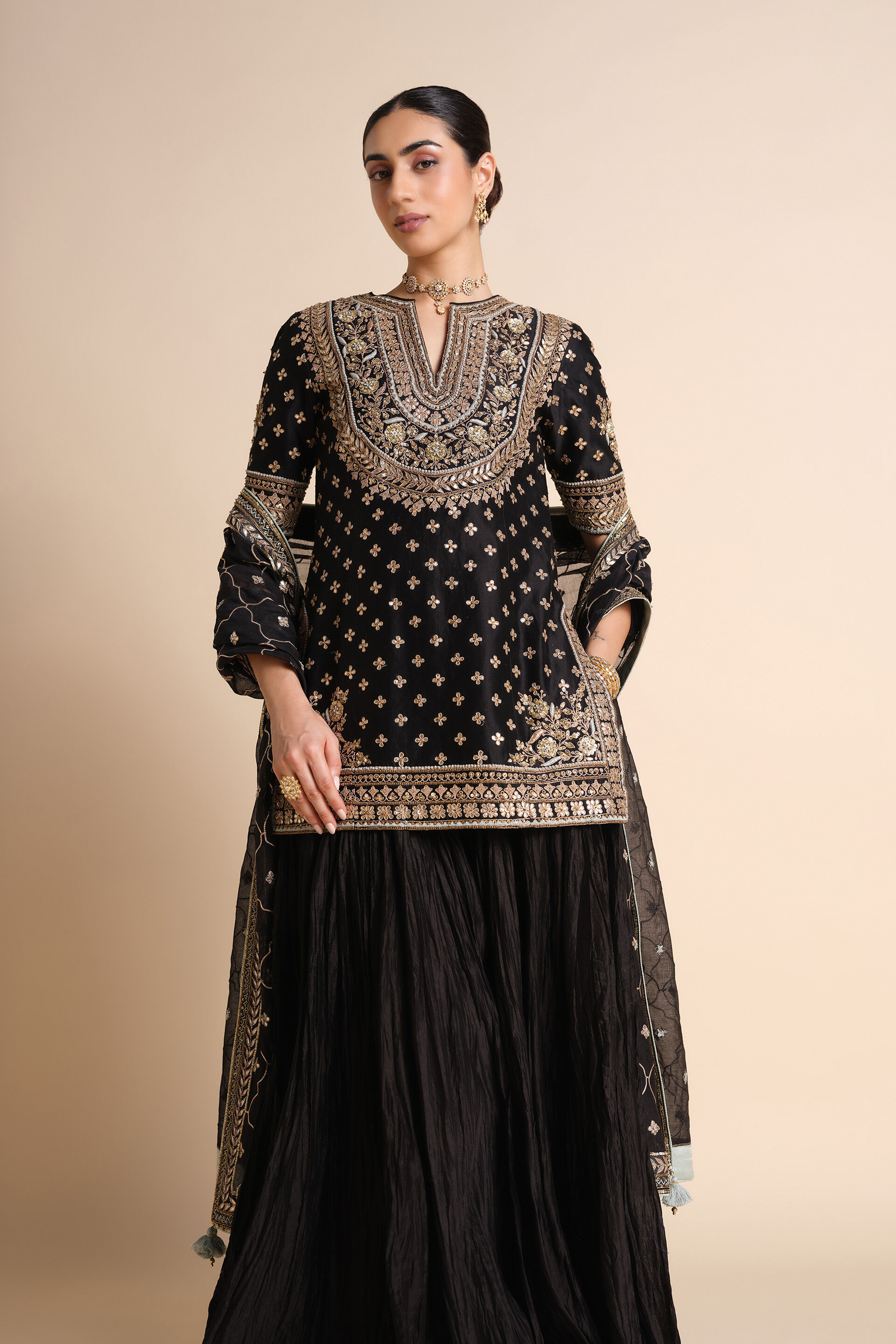 Sahasra Gota Patti Silk Sharara Set - Black, Black, image 4