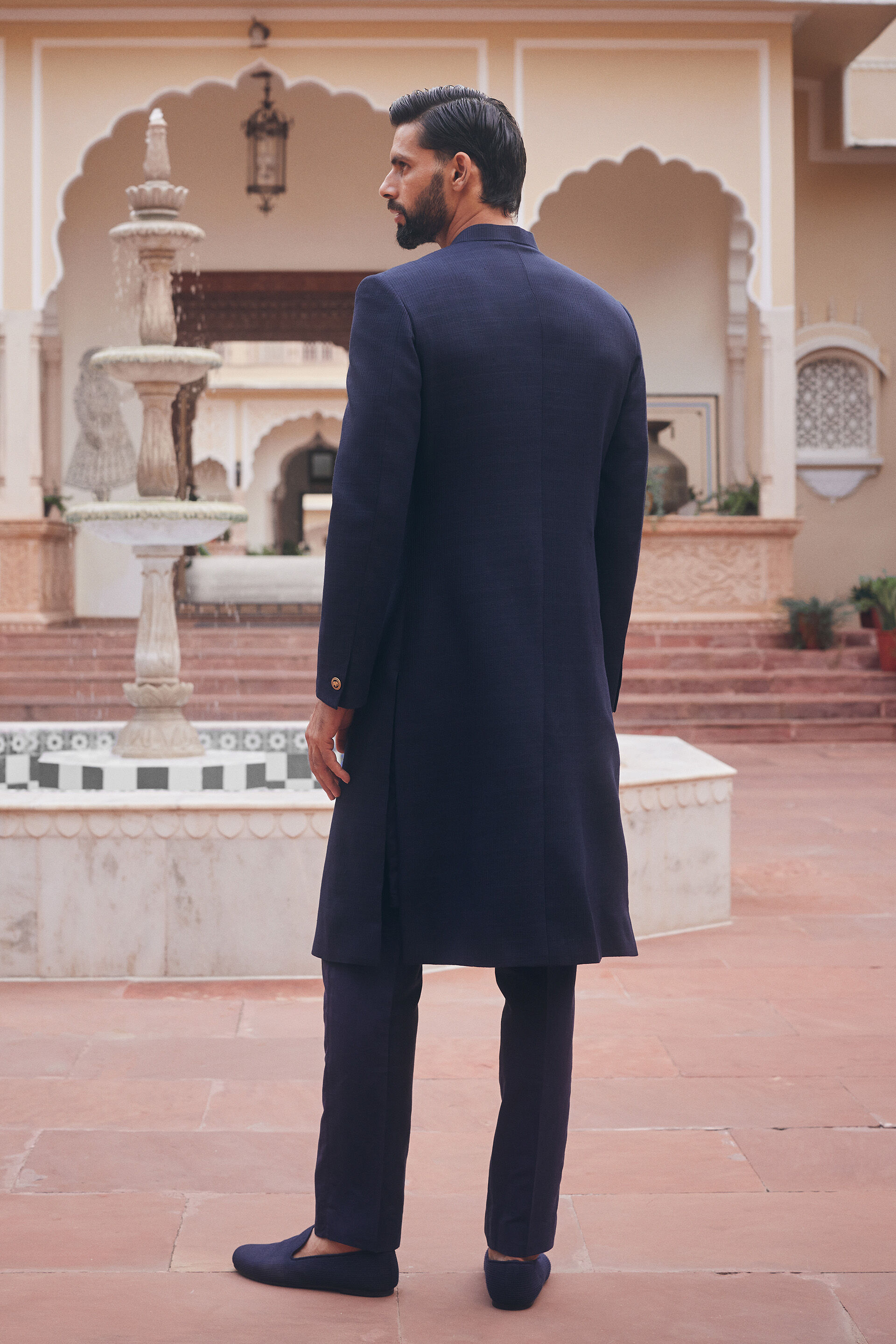 Shravas Silk Sherwani - Navy Blue