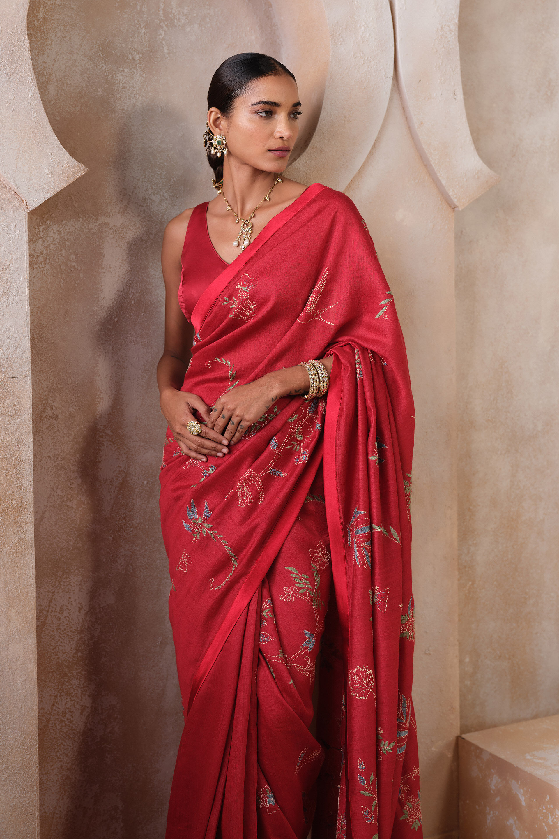 Corcoran Hand-embroidered Kantha Silk Saree - Red, Red, image 4