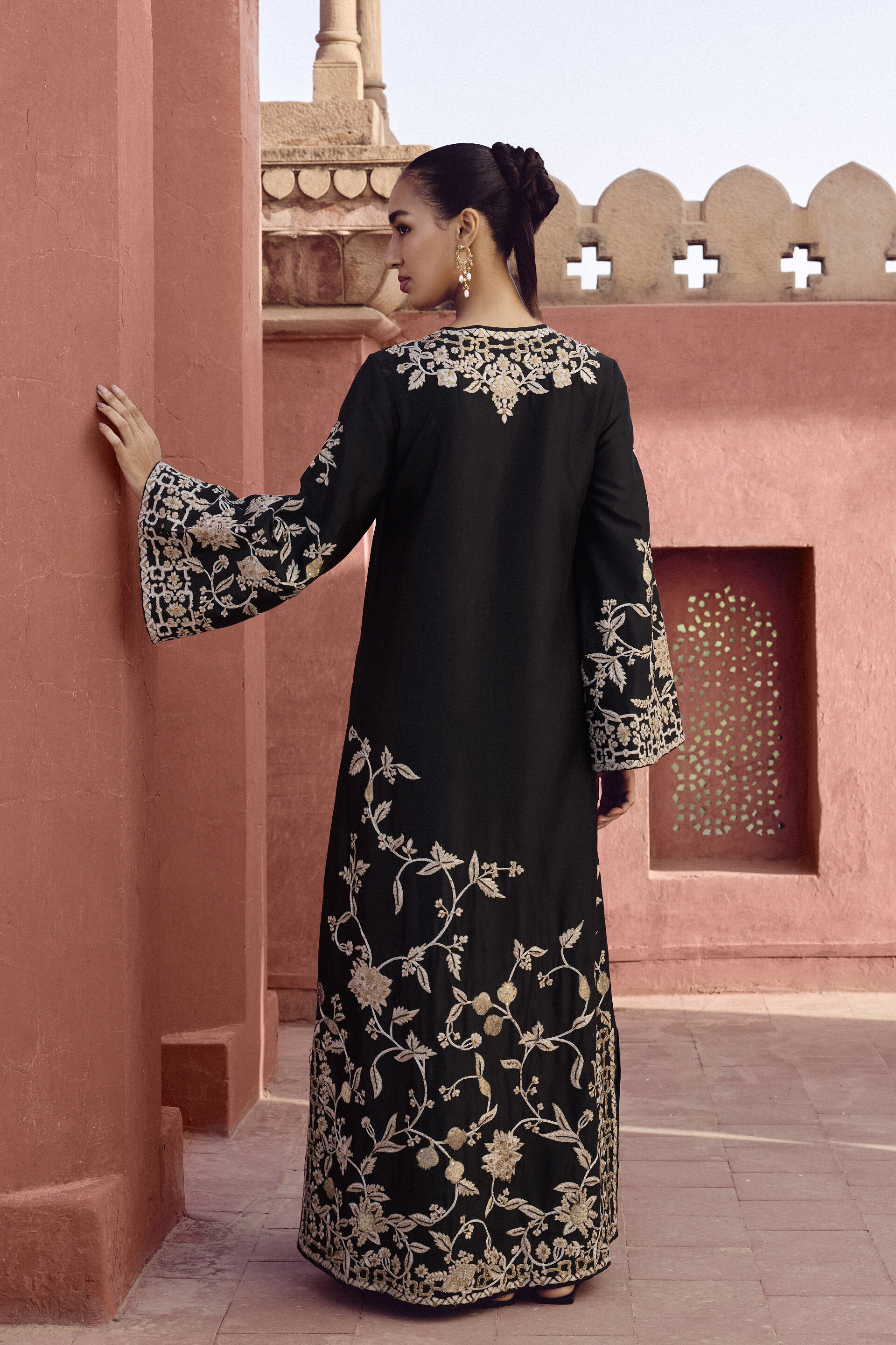 Samara Embroidered Silk Kaftan - Black