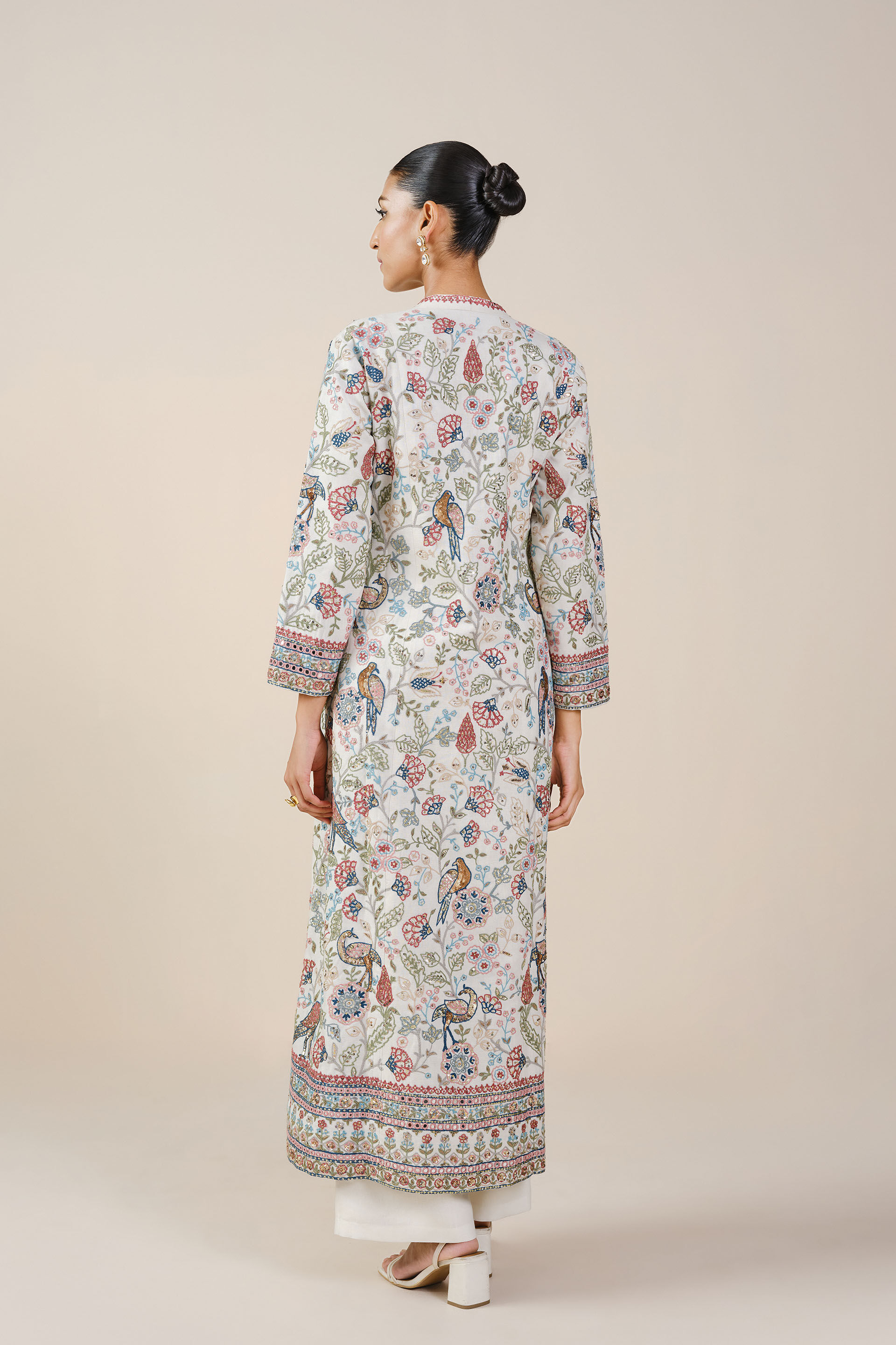 Paradise Of Flowers SEWA Hand-embroidered Silk Jacket Set - Ivory, Ivory, image 3