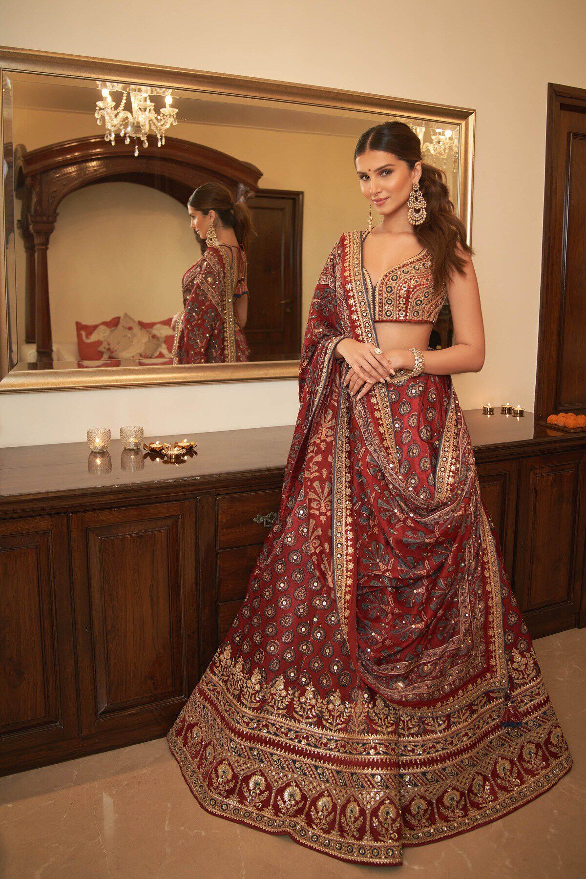 1 - Laukya Ajarakh Lehenga Set- Red, image 1
