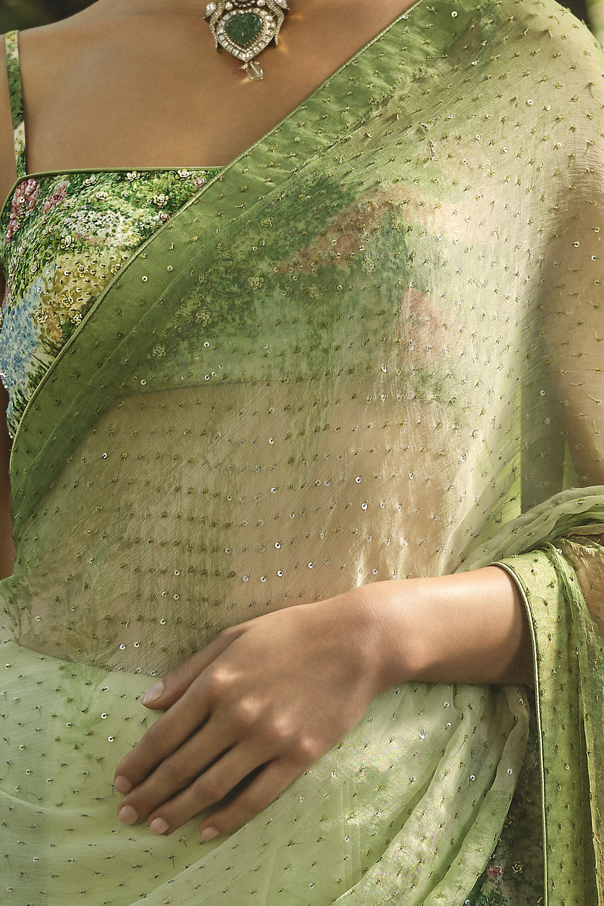 The Liveforest Embroidered Chiffon Saree - Green, Green, image 7
