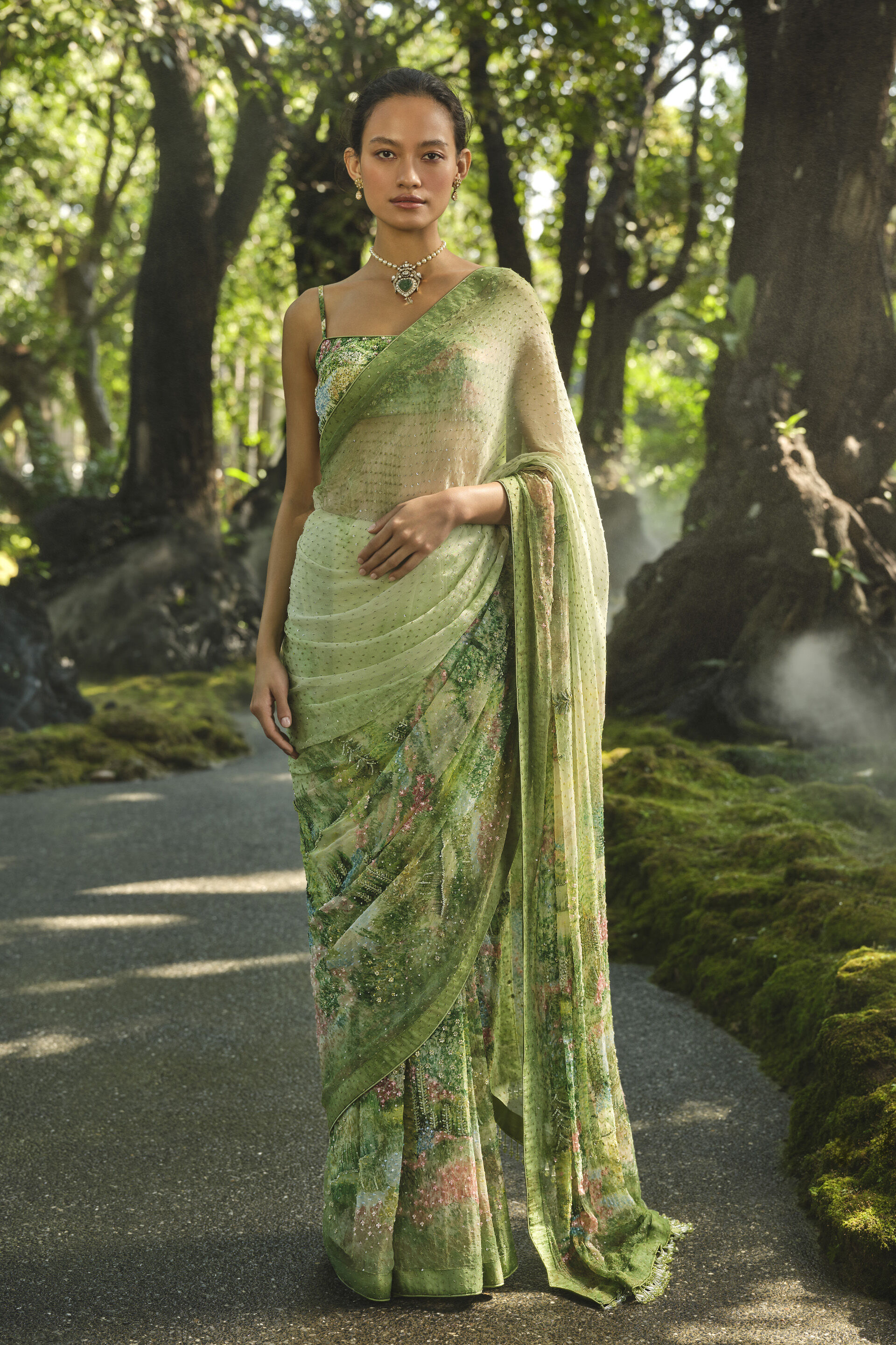 The Liveforest Embroidered Chiffon Saree - Green, Green, image 1