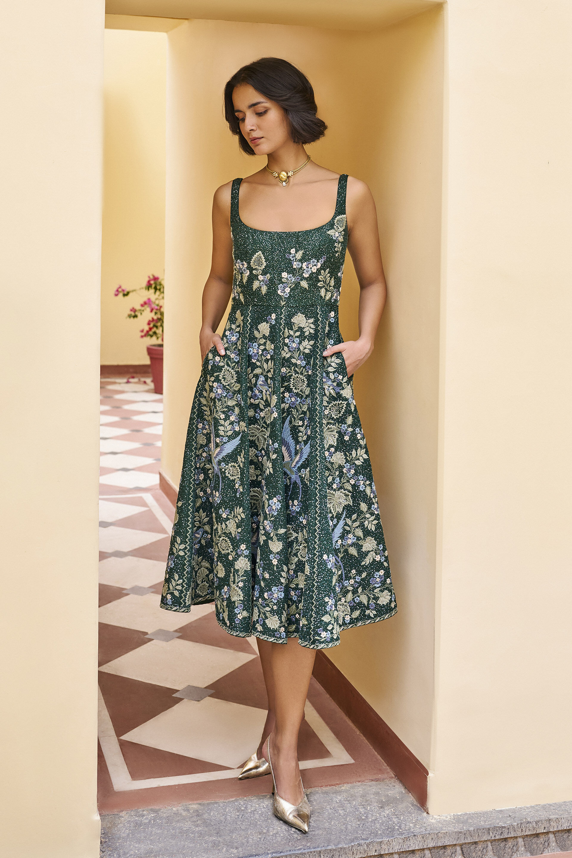Swoon Embroidered Silk 50's Dress -&nbsp;Green, Green, image 1