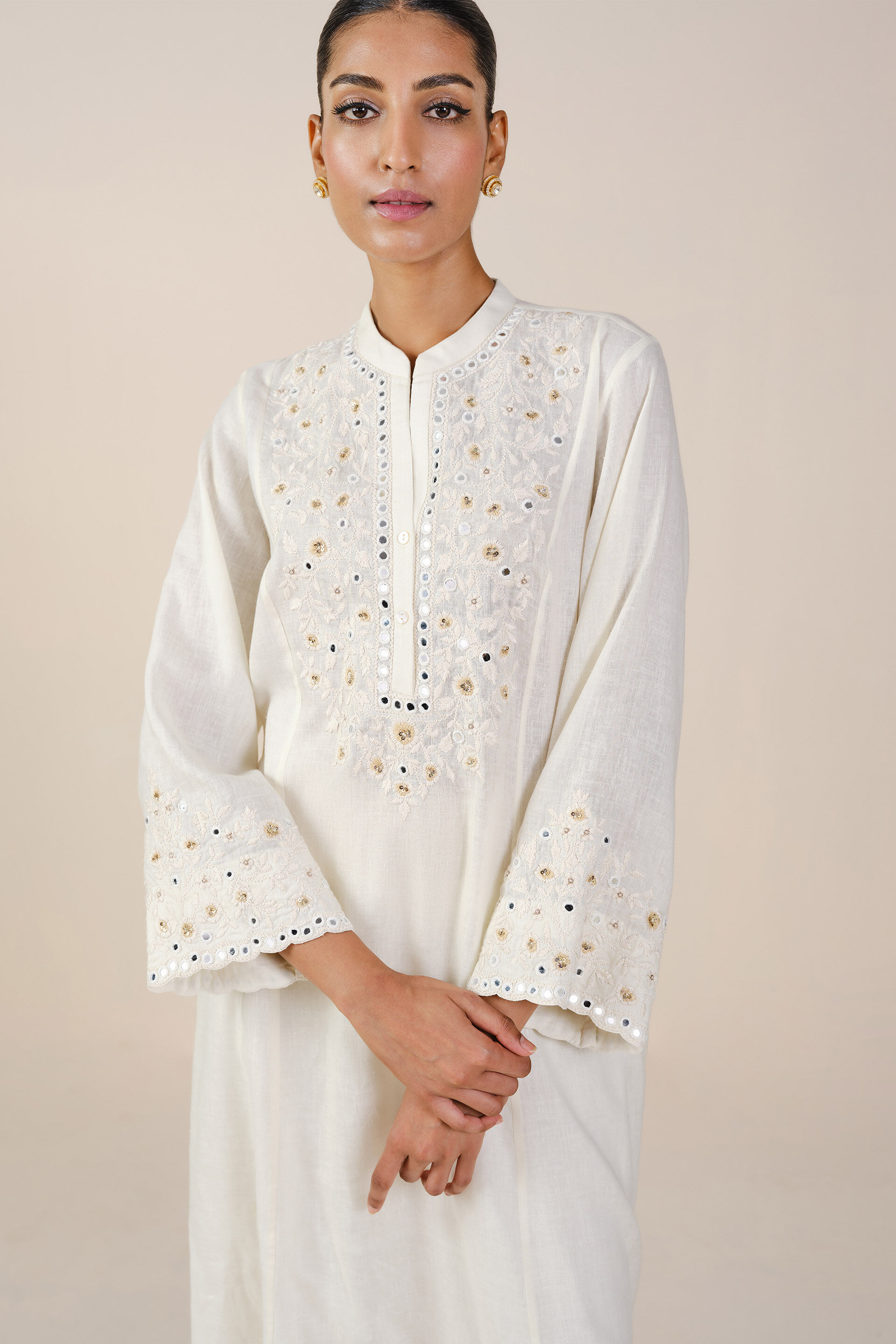 Sikara Mirror Embroidered Linen Kurta Set - Natural, Natural, image 4