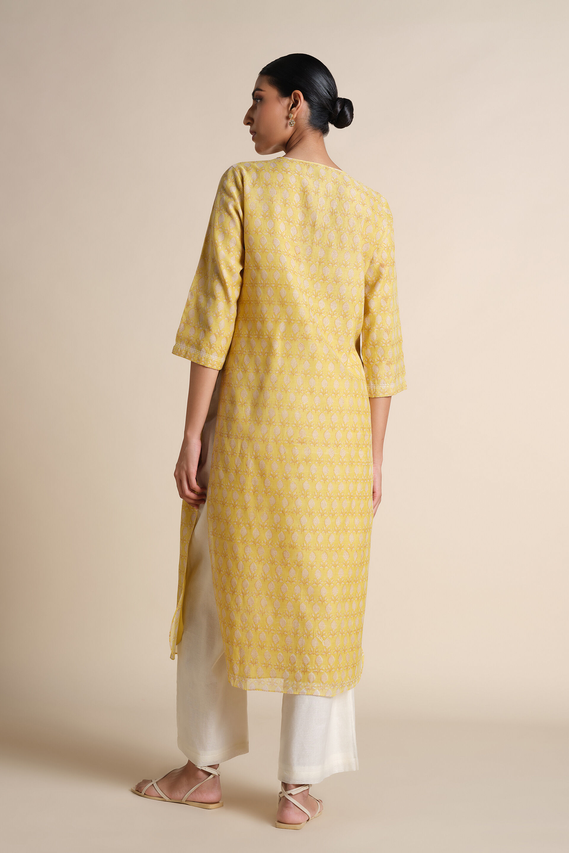 Ekara Embroidered Mul Kurta - Yellow, Yellow, image 3