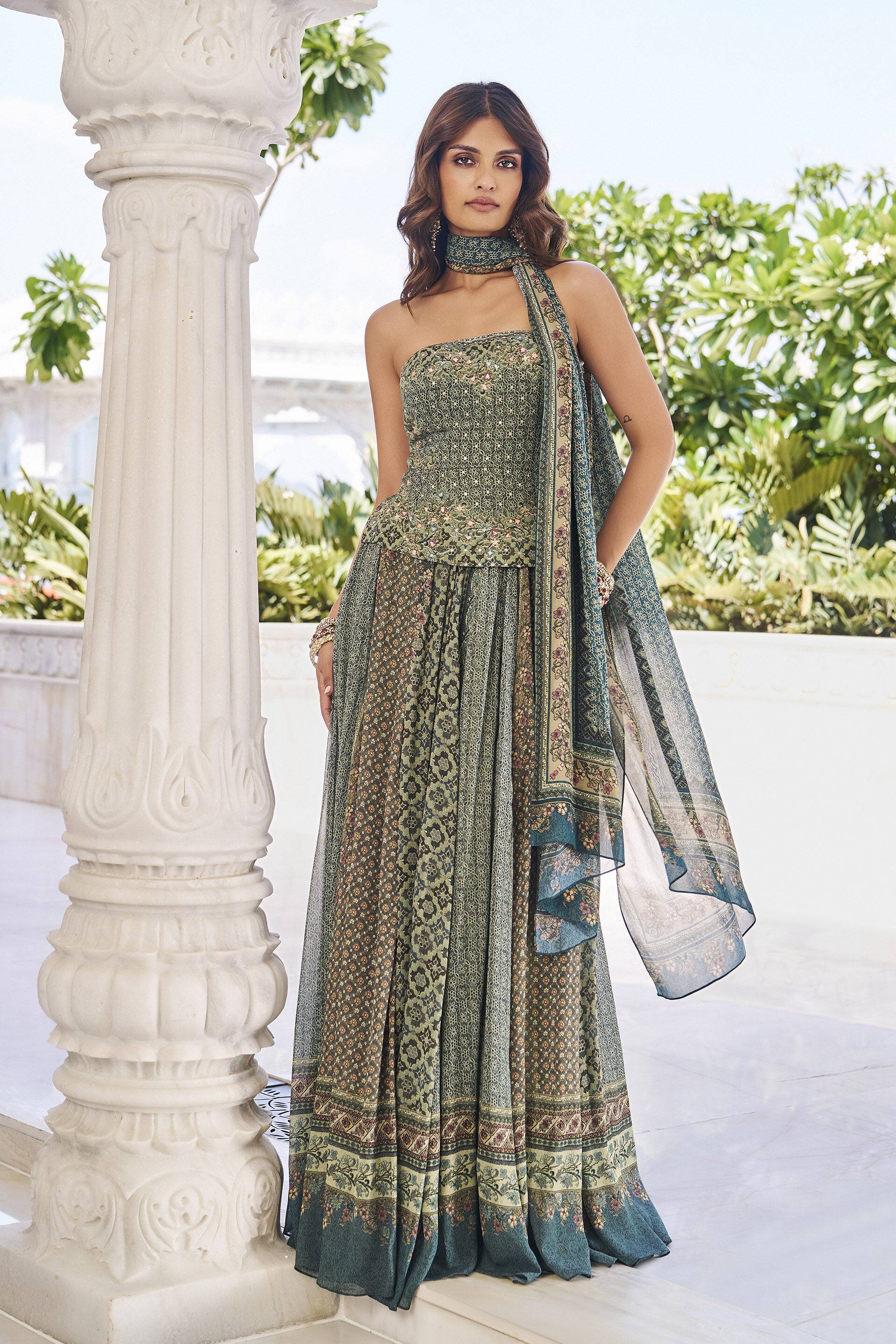 Gathered Green Sequinned Skirt Set, Green, image 1