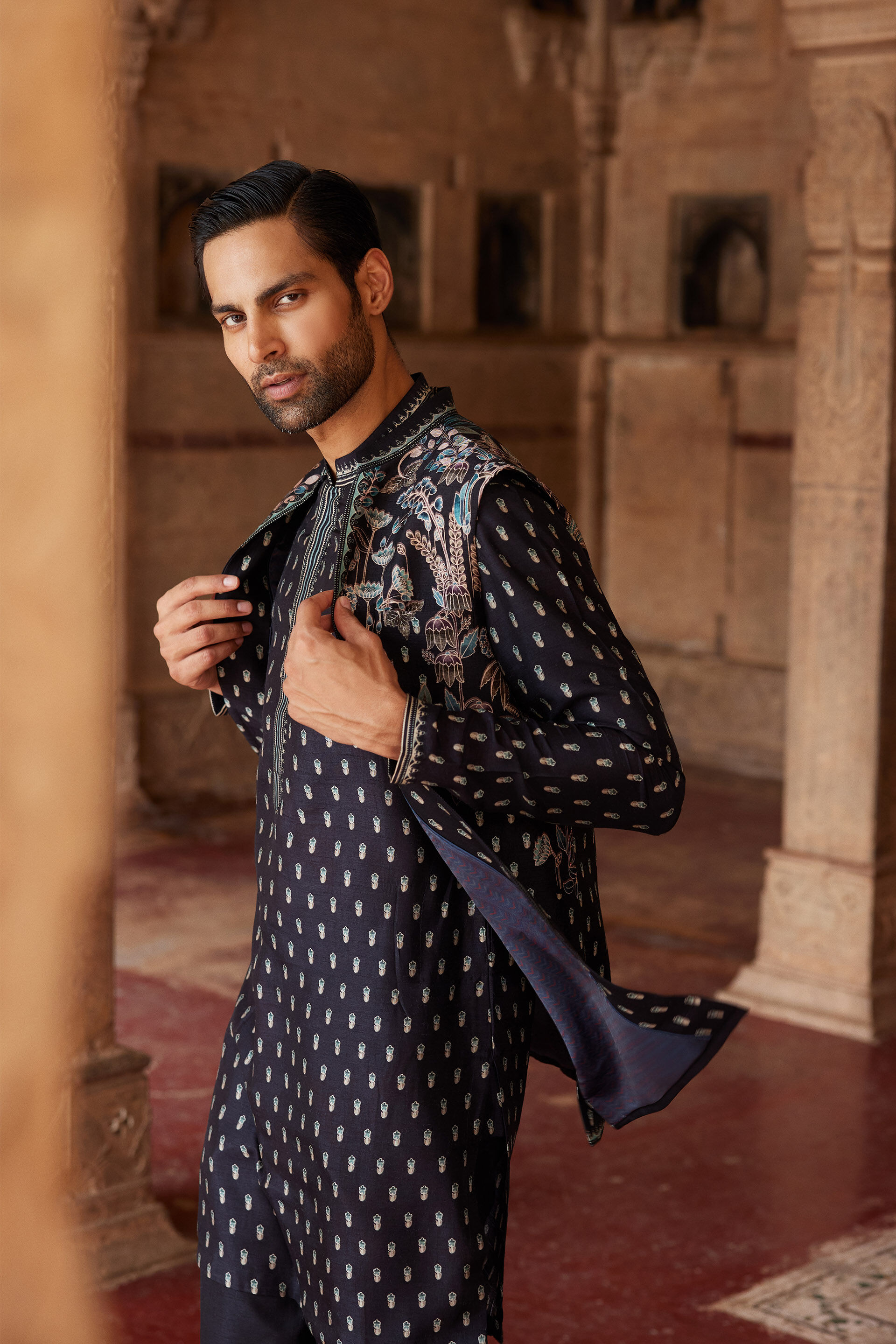Saamir Printed Silk Nehru Jacket - Black, Black, image 3