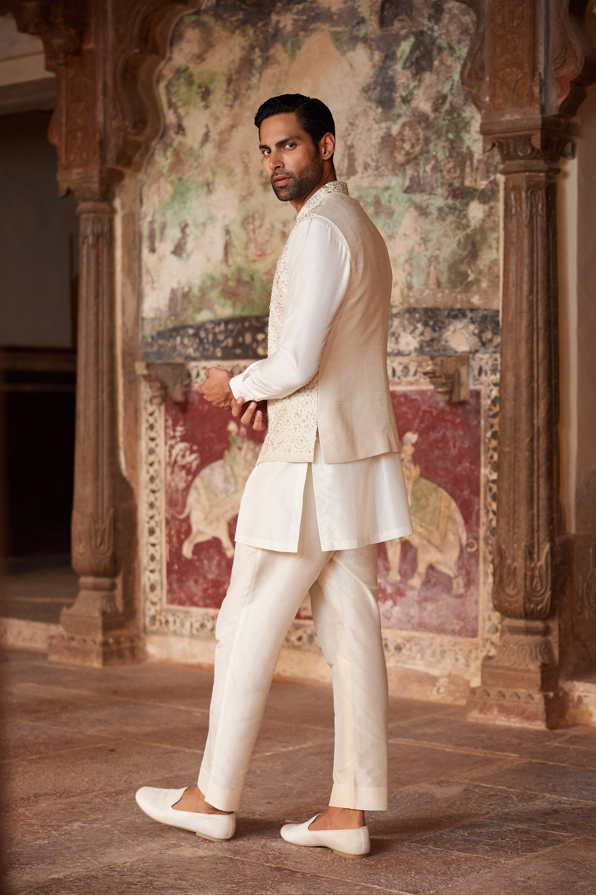 Suwayd Embroidered Silk Nehru Jacket - Ivory, Ivory, image 2