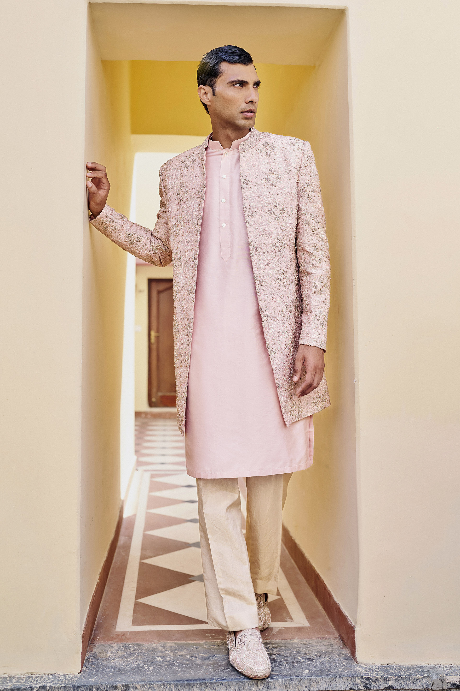 Ballad Embroidered Zardozi Silk Sherwani - Pink