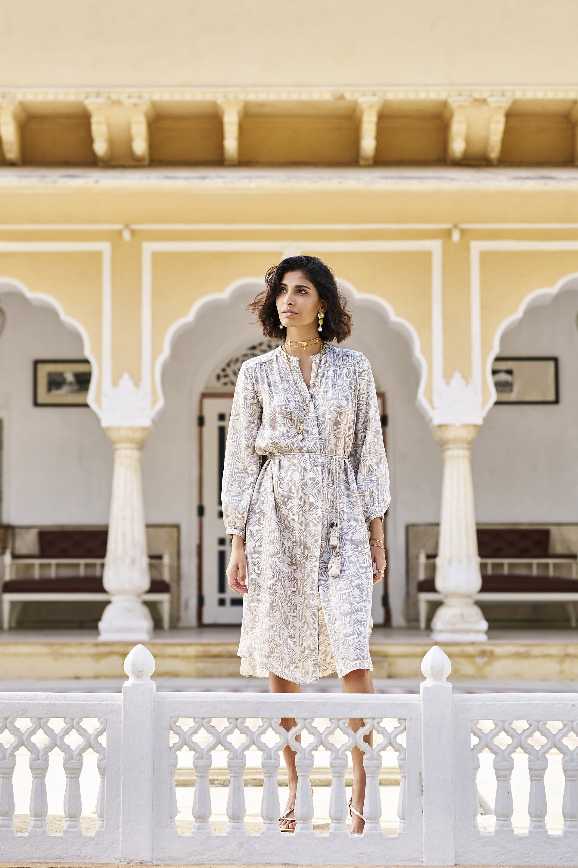Fresco Hand-block Print & Gold Khadi Dress - Grey, Grey, image 1