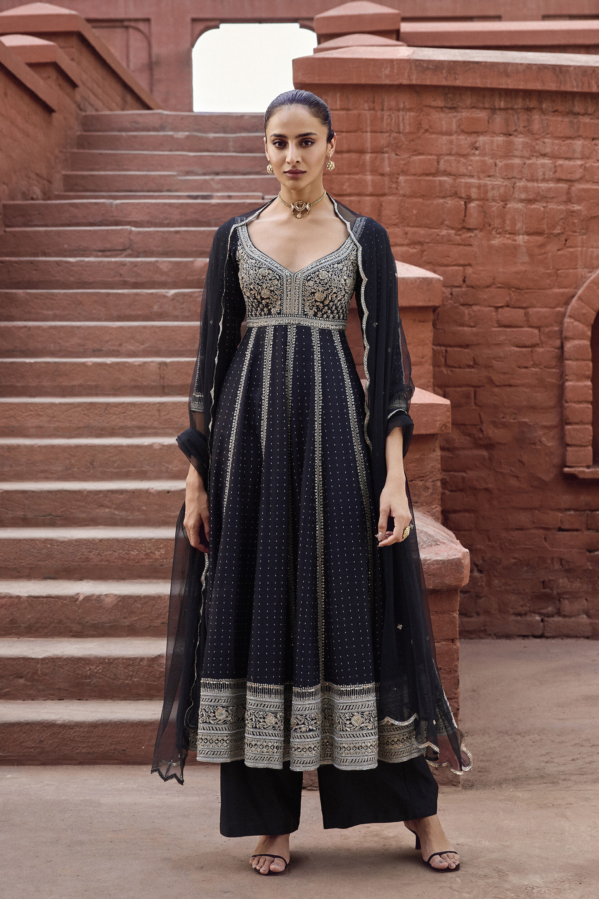 Afruza Embroidered Silk Suit Set - Black, Black, image 1