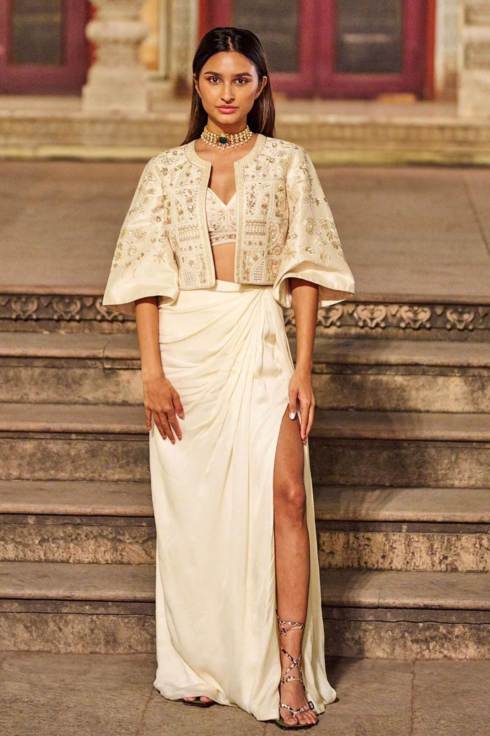 Symphony Of The Woods Embroidered Skirt Set - Cream, , image 1