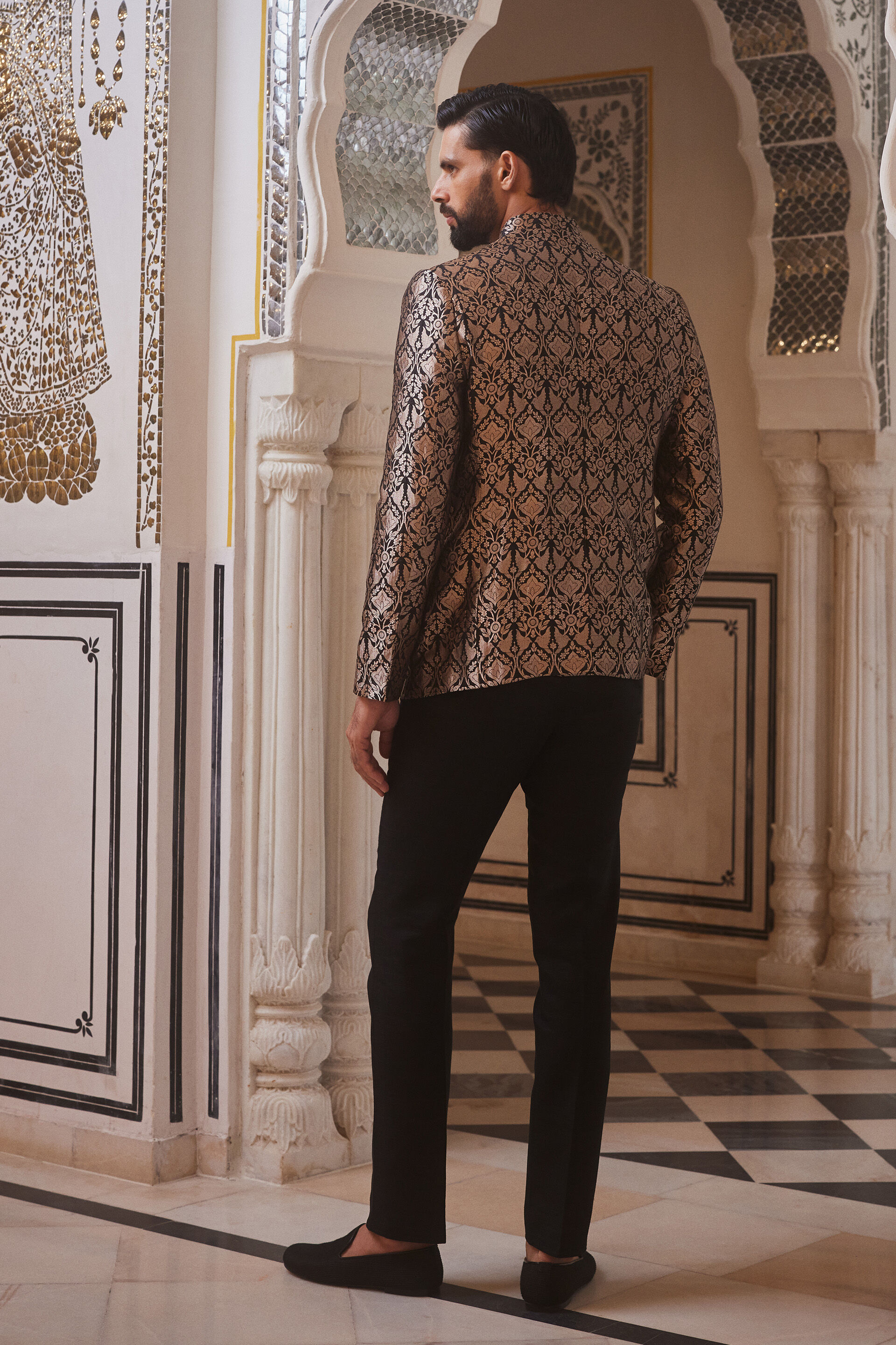 Swarank Handwoven Benarasi Silk Bandhgala - Black