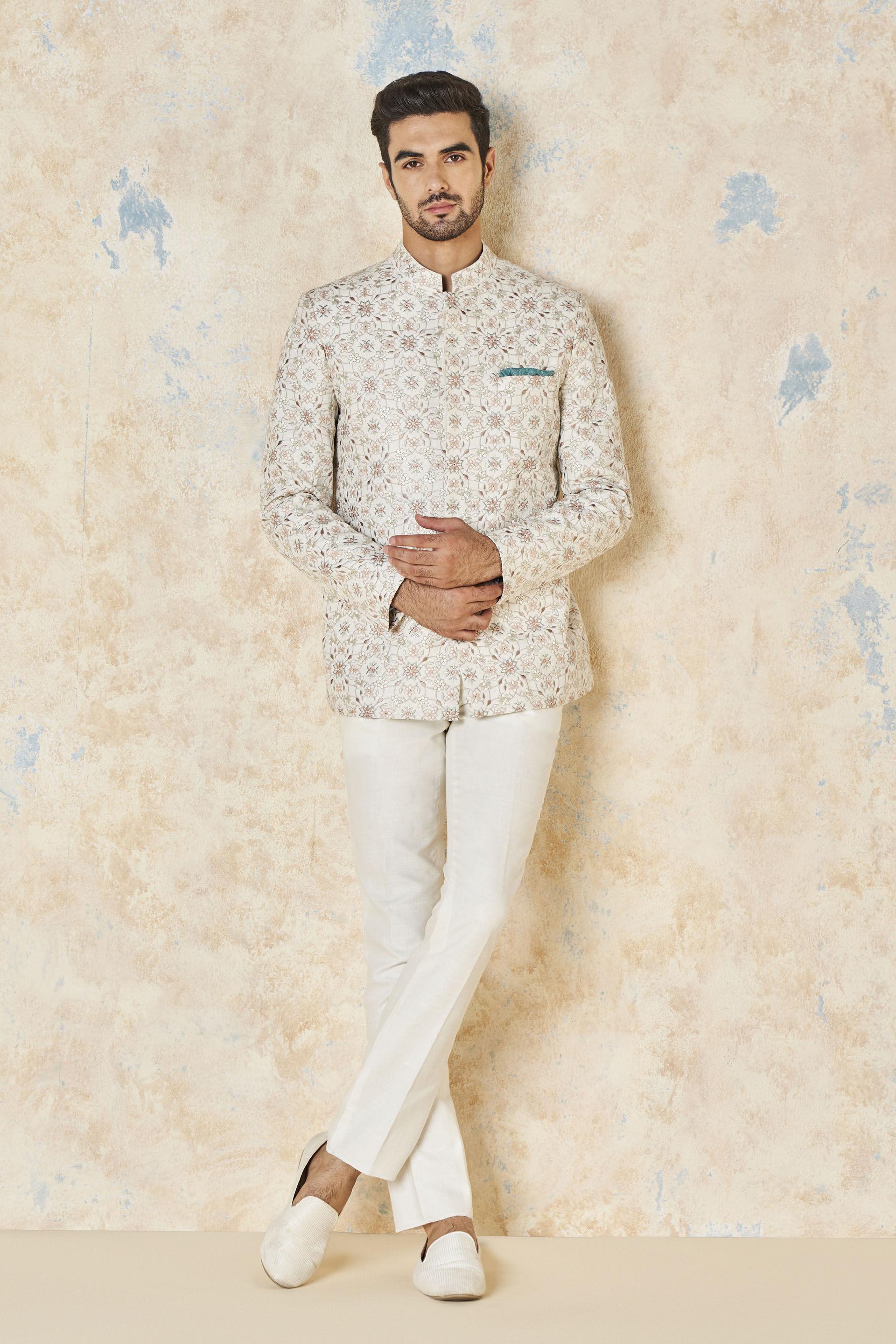 Dhavit Silk Bandhgala - Ivory, Ivory, image 1