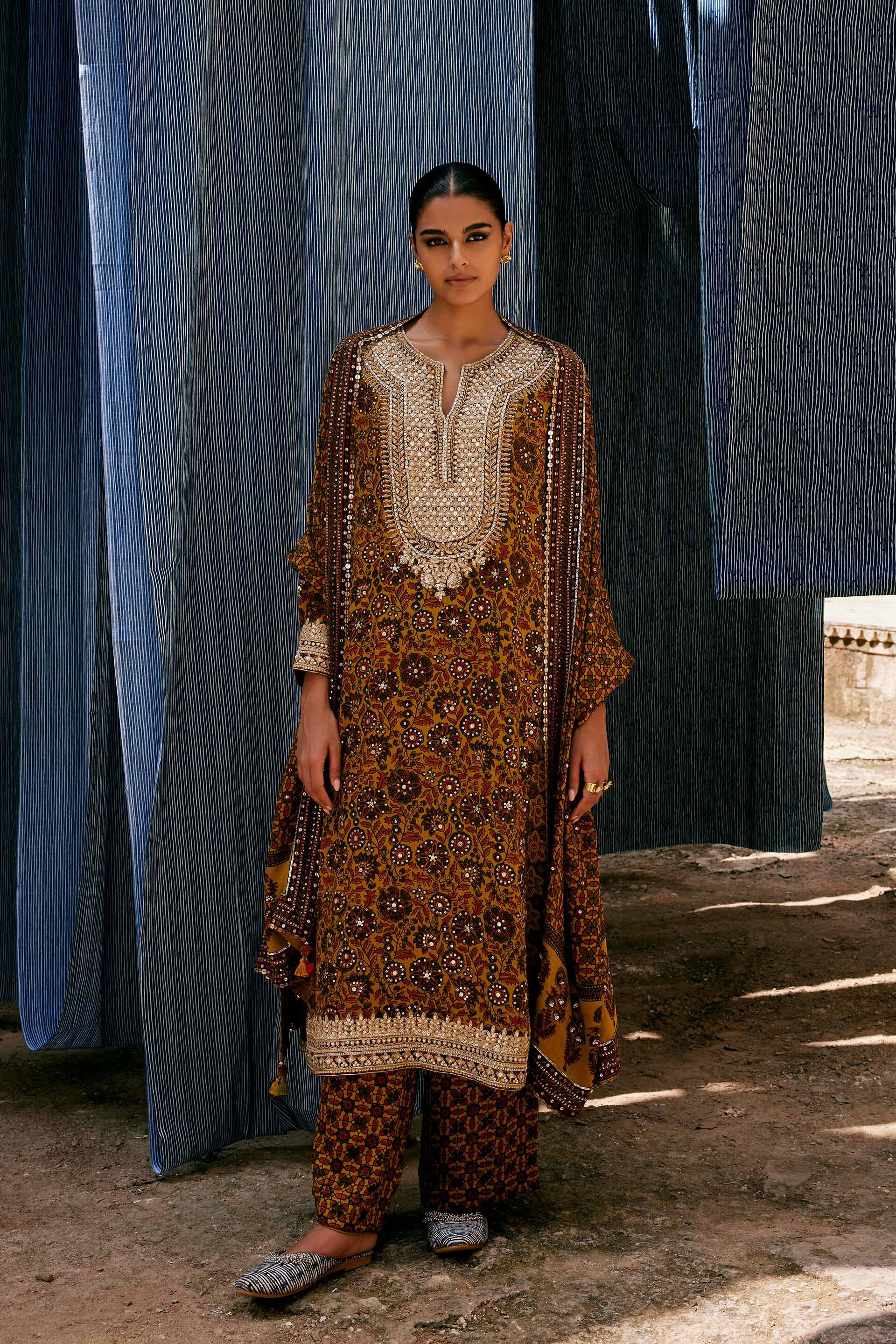 Kasano Ajrakh Hand-block Printed Silk Suit Set - Mustard