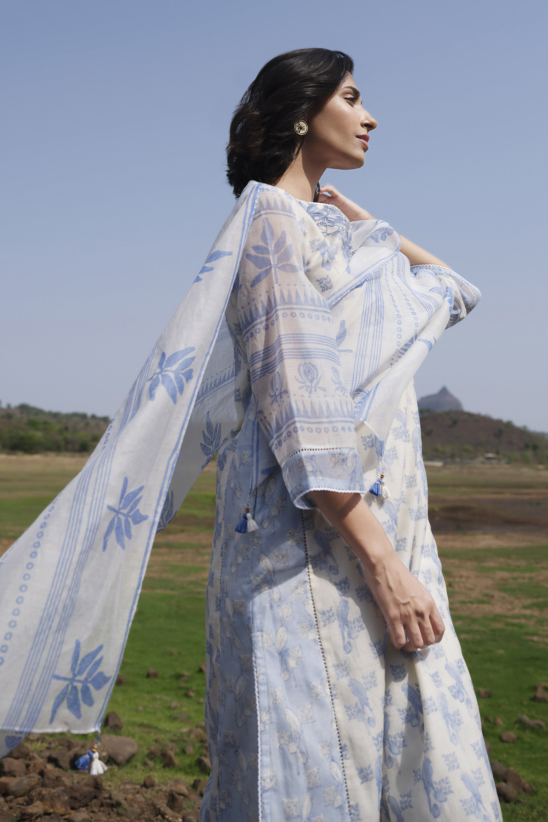 Ashling Hand-block Printed Mul Stole - Blue