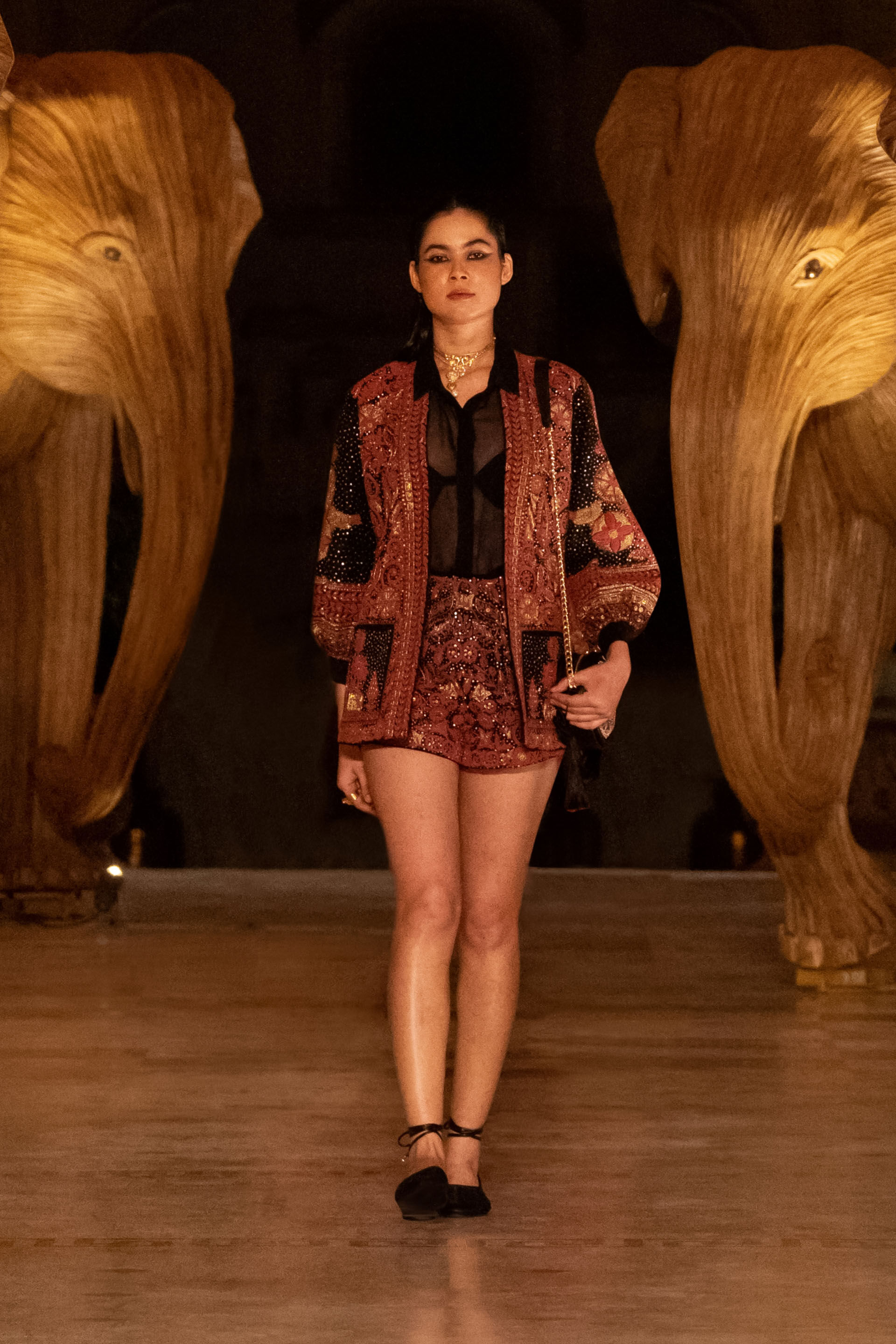 Nocturnal Wilderness Zardozi & Embroidered Cord Silk Jacket Set - Black, Black, image 7