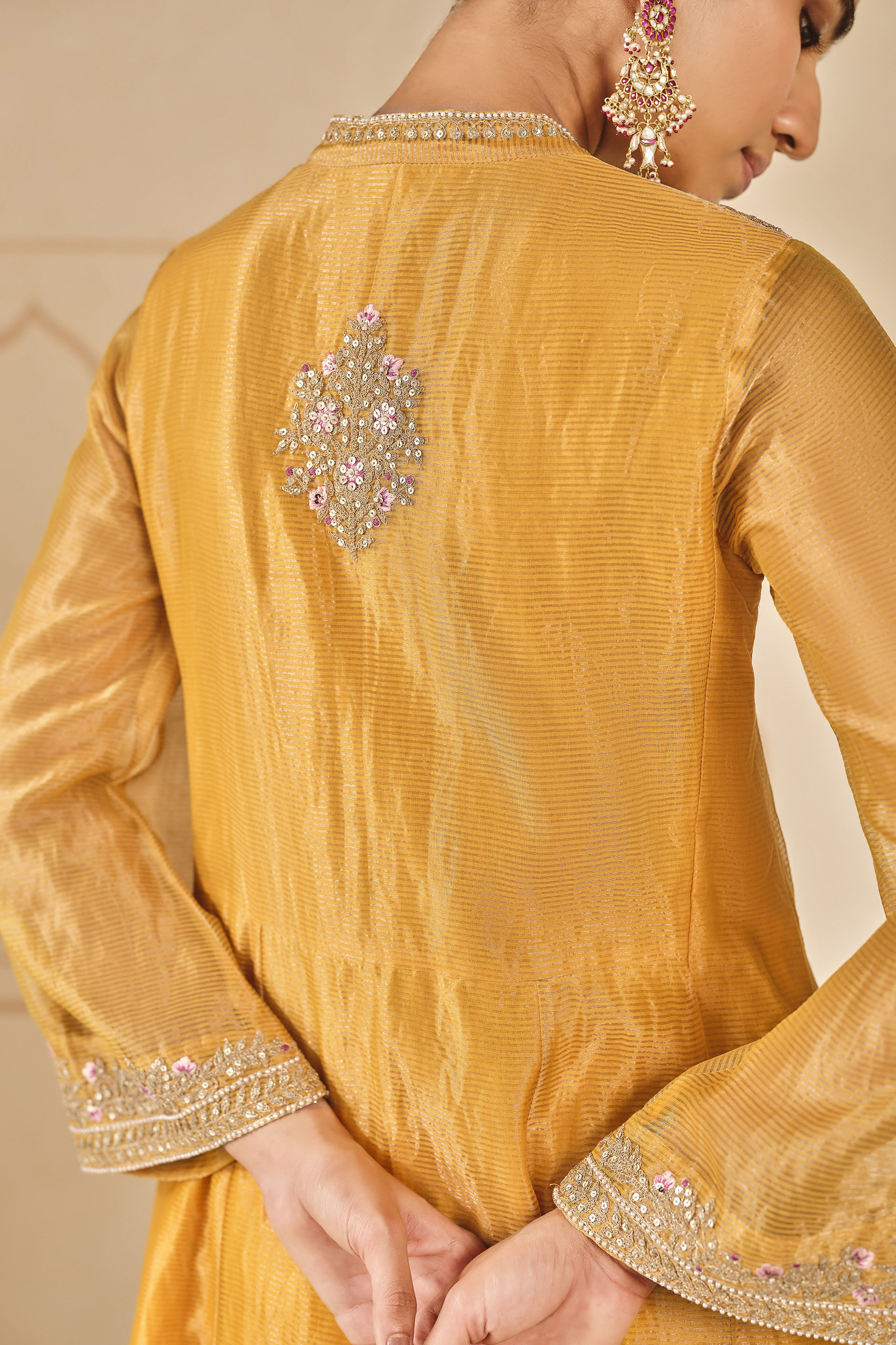 Azha Embroidered Zardozi Silk Jacket Set - Yellow, Yellow, image 7