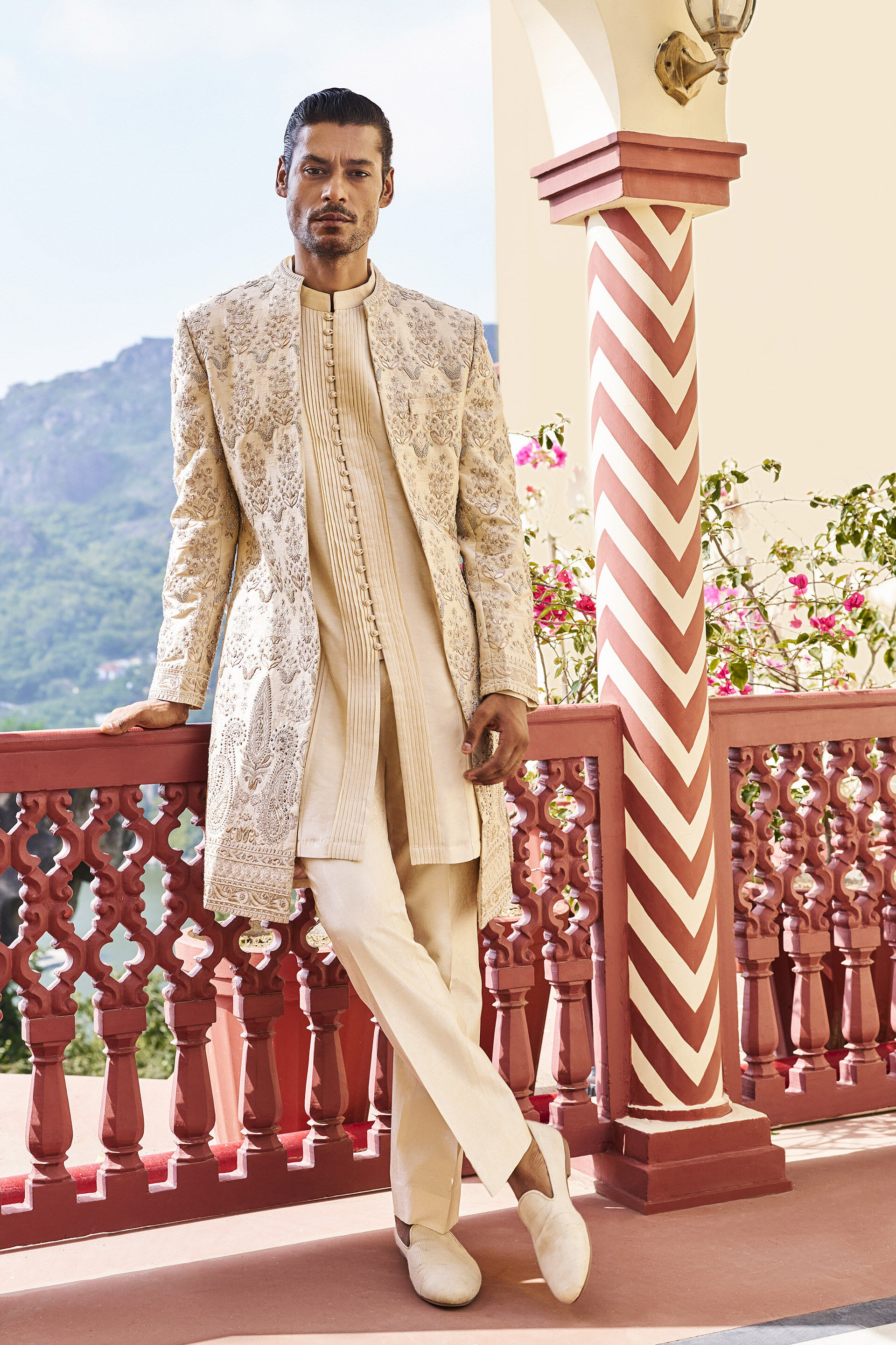 Kindred Embroidered Zardozi Silk Sherwani - Beige