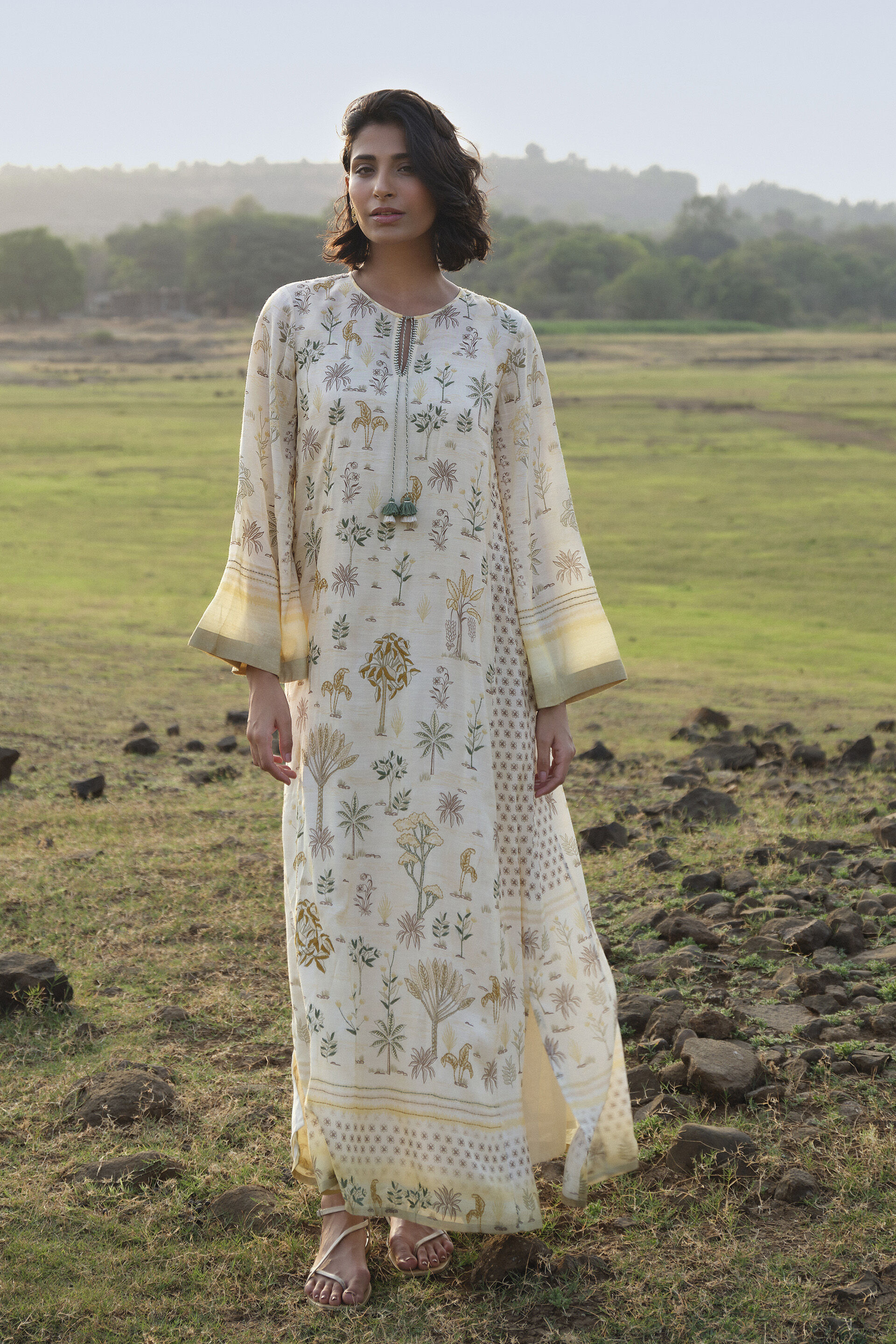 Season Song Hand-embroidered Kantha Kaftan - Yellow