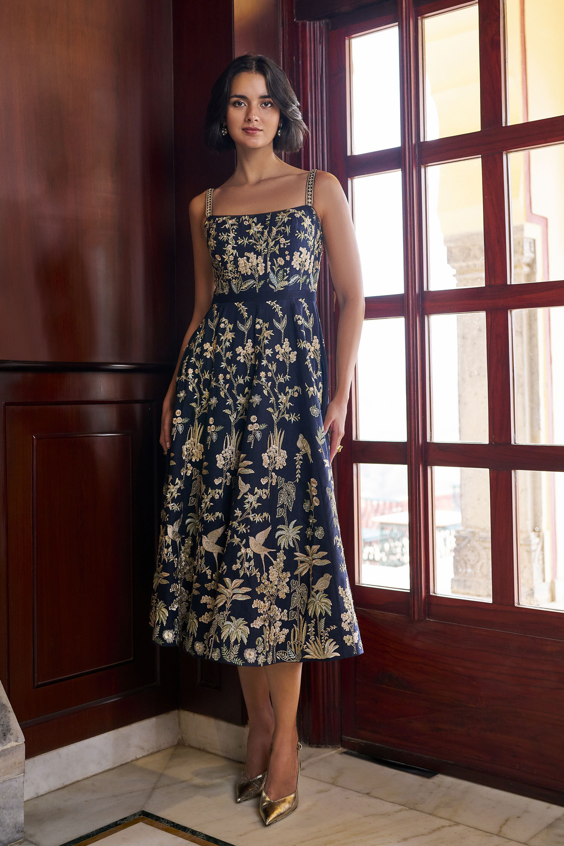 Sonnet Embroidered Zardozi Silk Dress - ​Navy, Blue, image 1