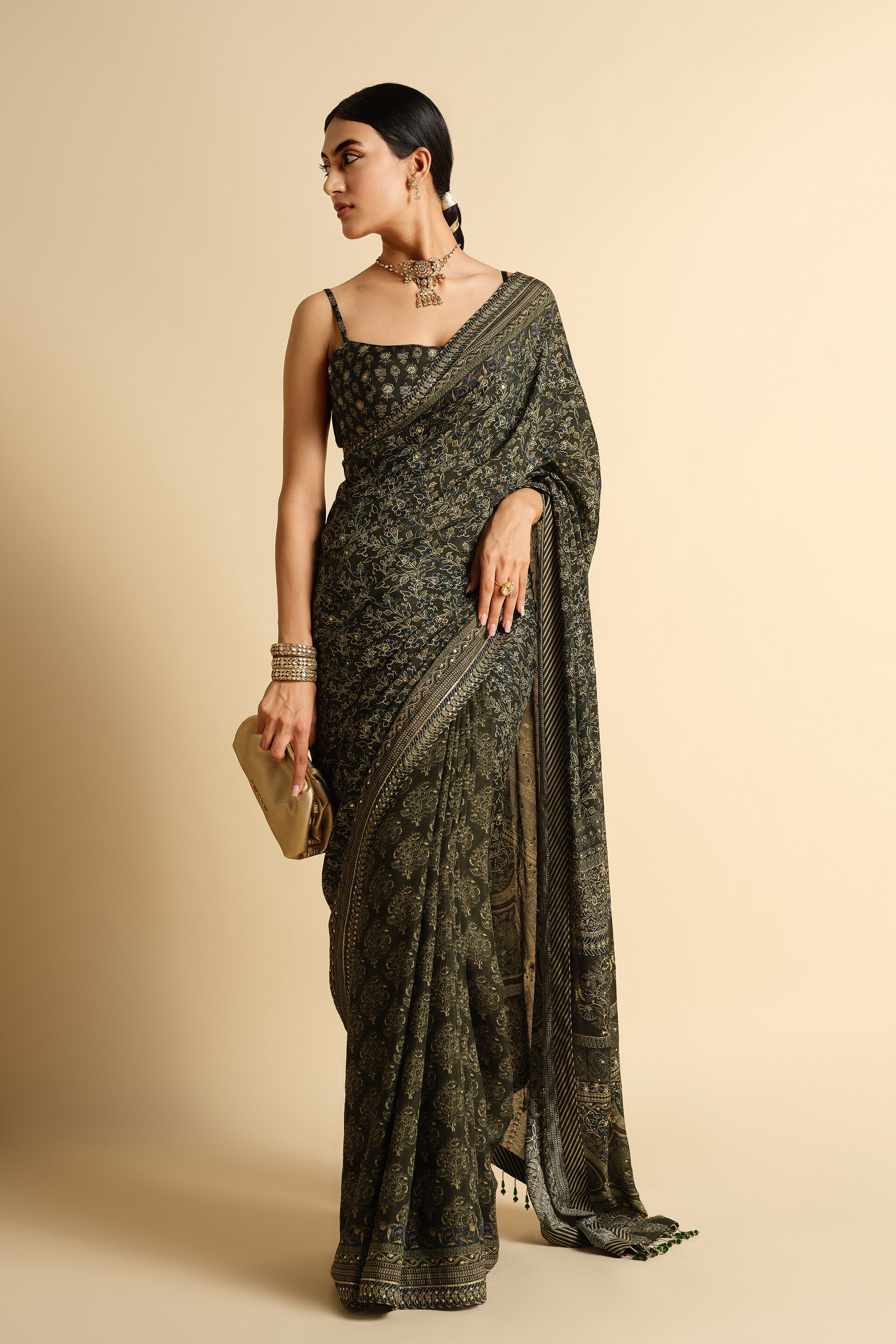 Apramiti Sequin Saree, Green, image 4