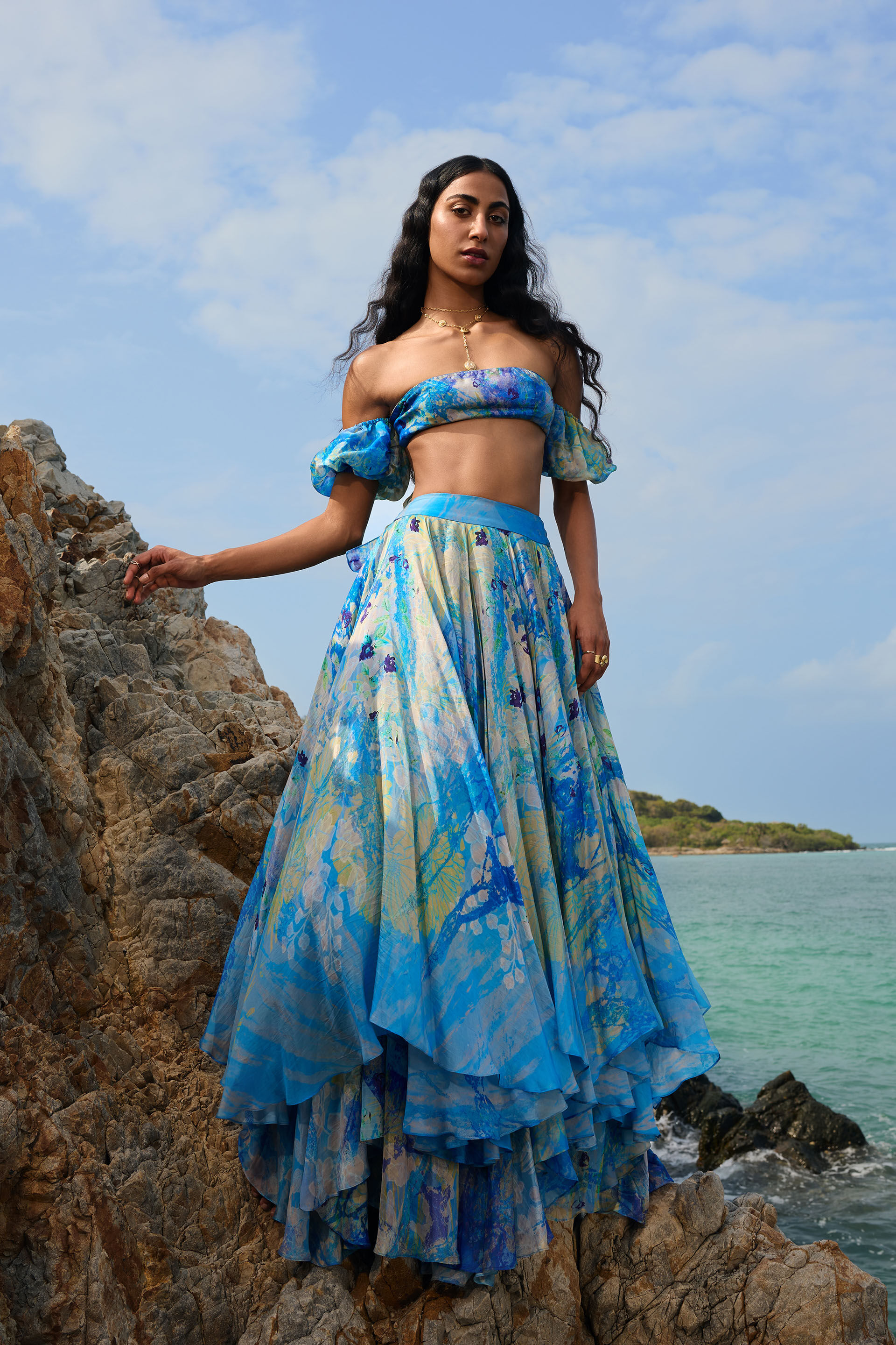 Chatoyante Organza Asymmetrical Skirt Set - Blue