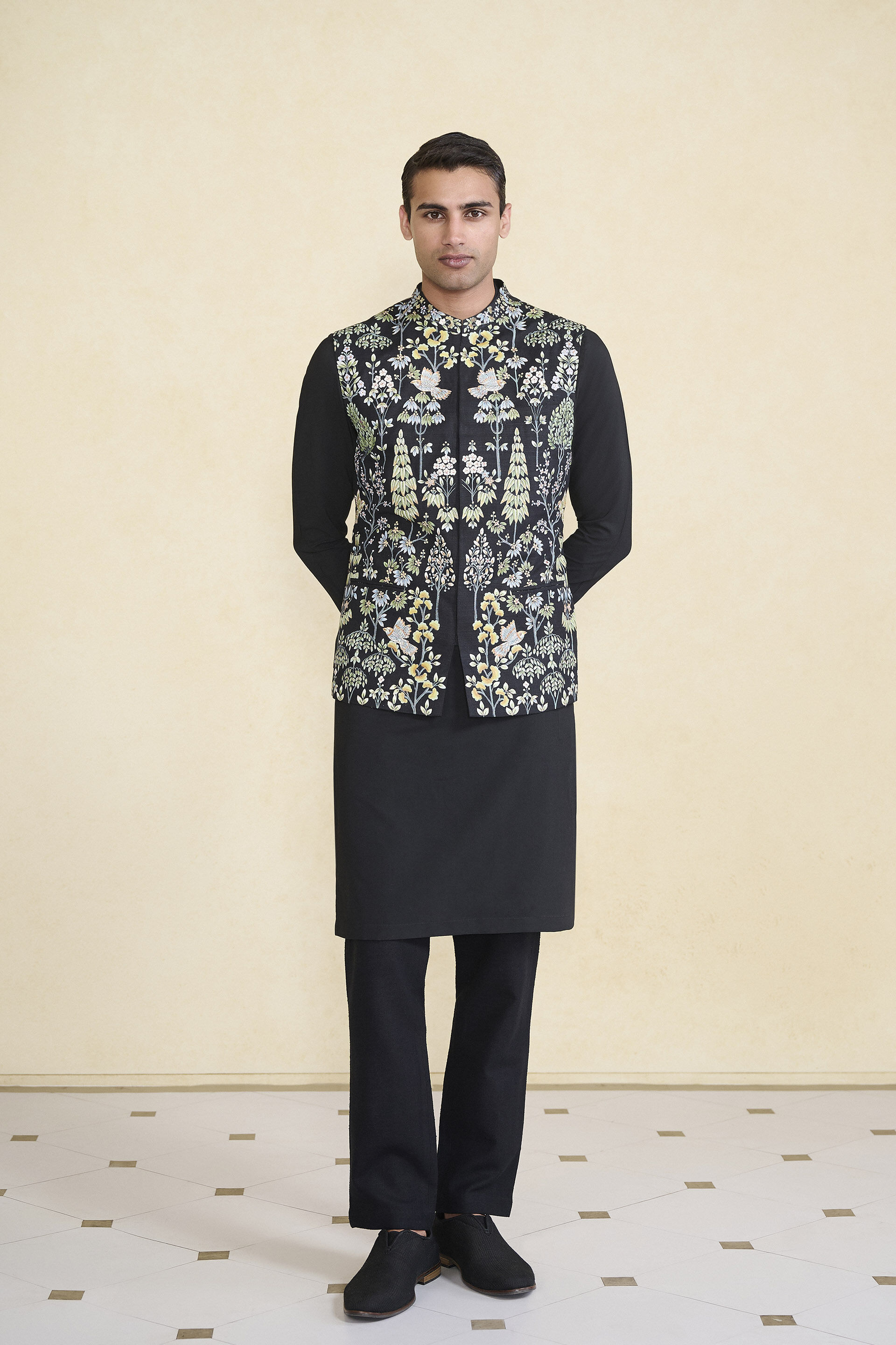 Nalesh Hand-painted Pichhwai Silk Nehru Jacket - Black